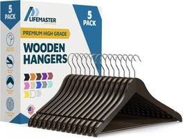 Lifemaster - Wooden Clothes Hangers – 5-Pack, 360° Swivel Hook, Non-Slip Notch, Pants Bar, Holds 10 lbs, for Suits, Coats & Dresses - Vintage
