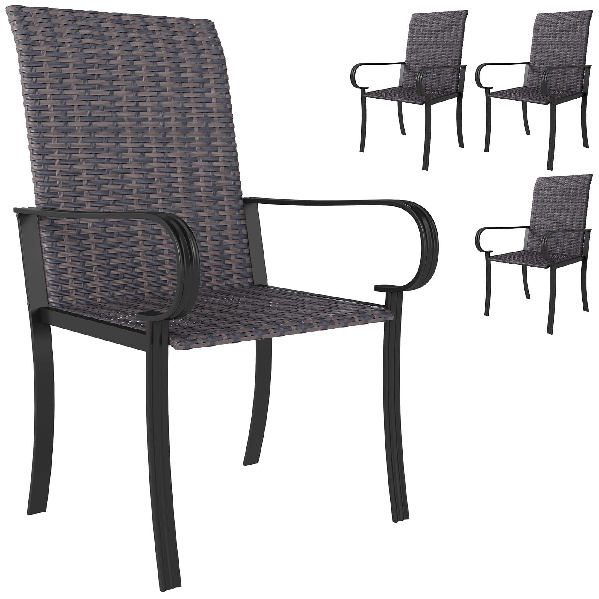 Outsunny - Set of 4 Outdoor Wicker Dining Chairs, All-Weather Rattan Armchairs with Armrests, Steel Frame - Brown
