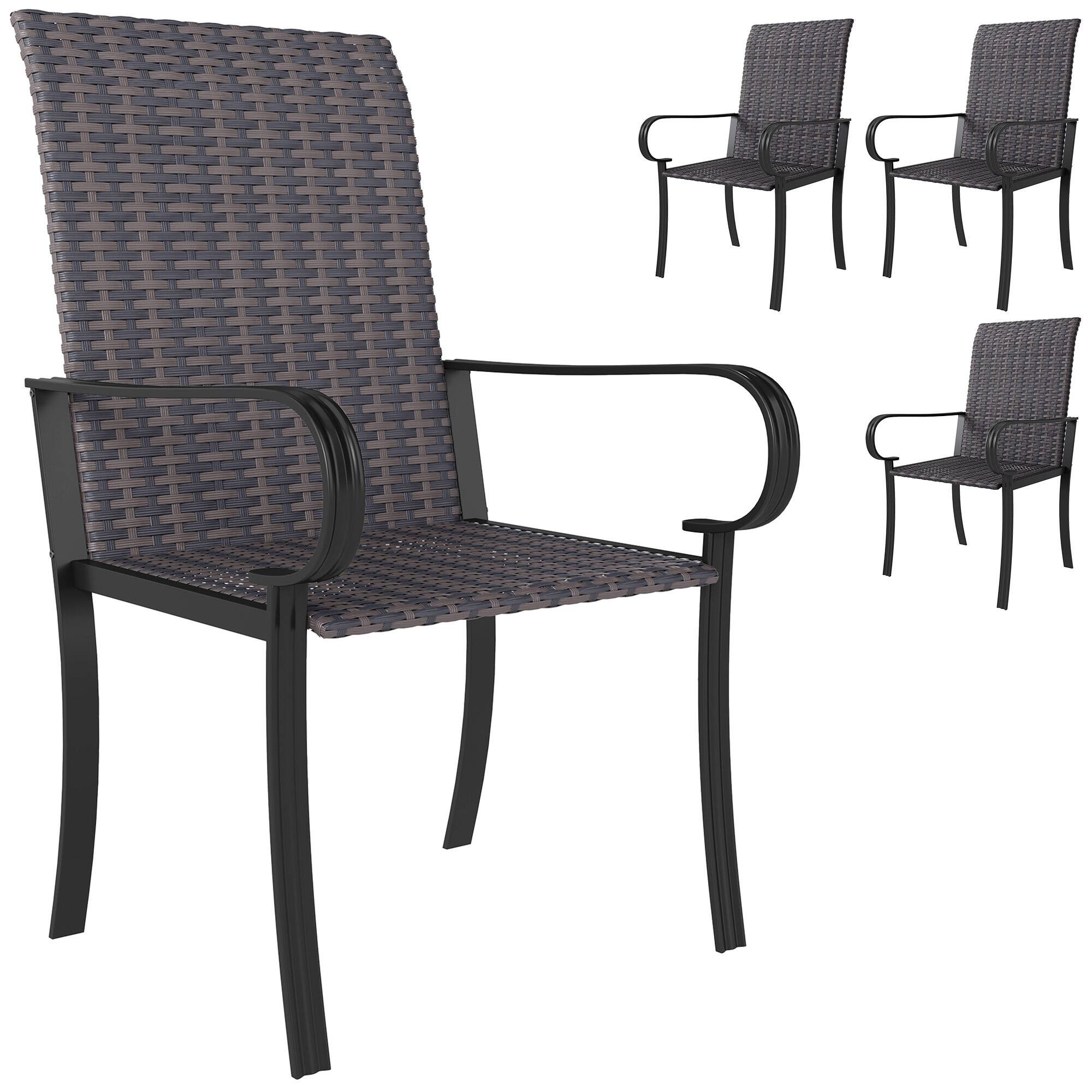 Front. Outsunny - Set of 4 Outdoor Wicker Dining Chairs, All-Weather Rattan Armchairs with Armrests, Steel Frame - Brown.