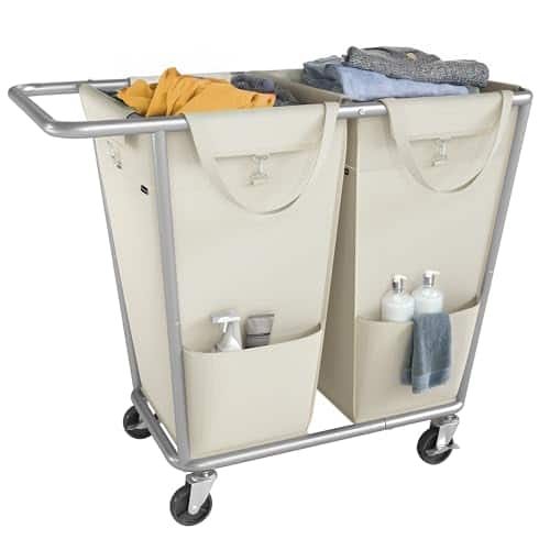 Vulpecula Spade - Laundry Basket with Wheels, 2-Section Laundry Sorter, 50.2 Gallons (190 L) Rolling Hamper with Removable Bags - ‎Cream White