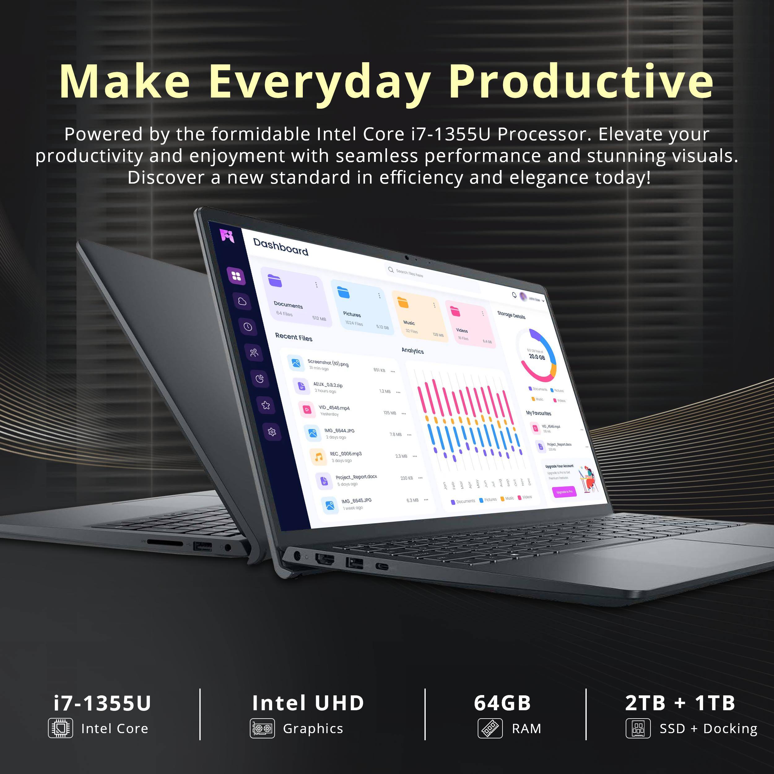 Make Everyday Productive

Powered by the formidable Intel Core i7-1355U Processor. Elevate your productivity and enjoyment with seamless performance and stunning visuals. Discover a new standard in efficiency and elegance today!

i7-1355U Intel Core
Intel UHD Graphics
64GB RAM
2TB + 1TB SSD + Docking