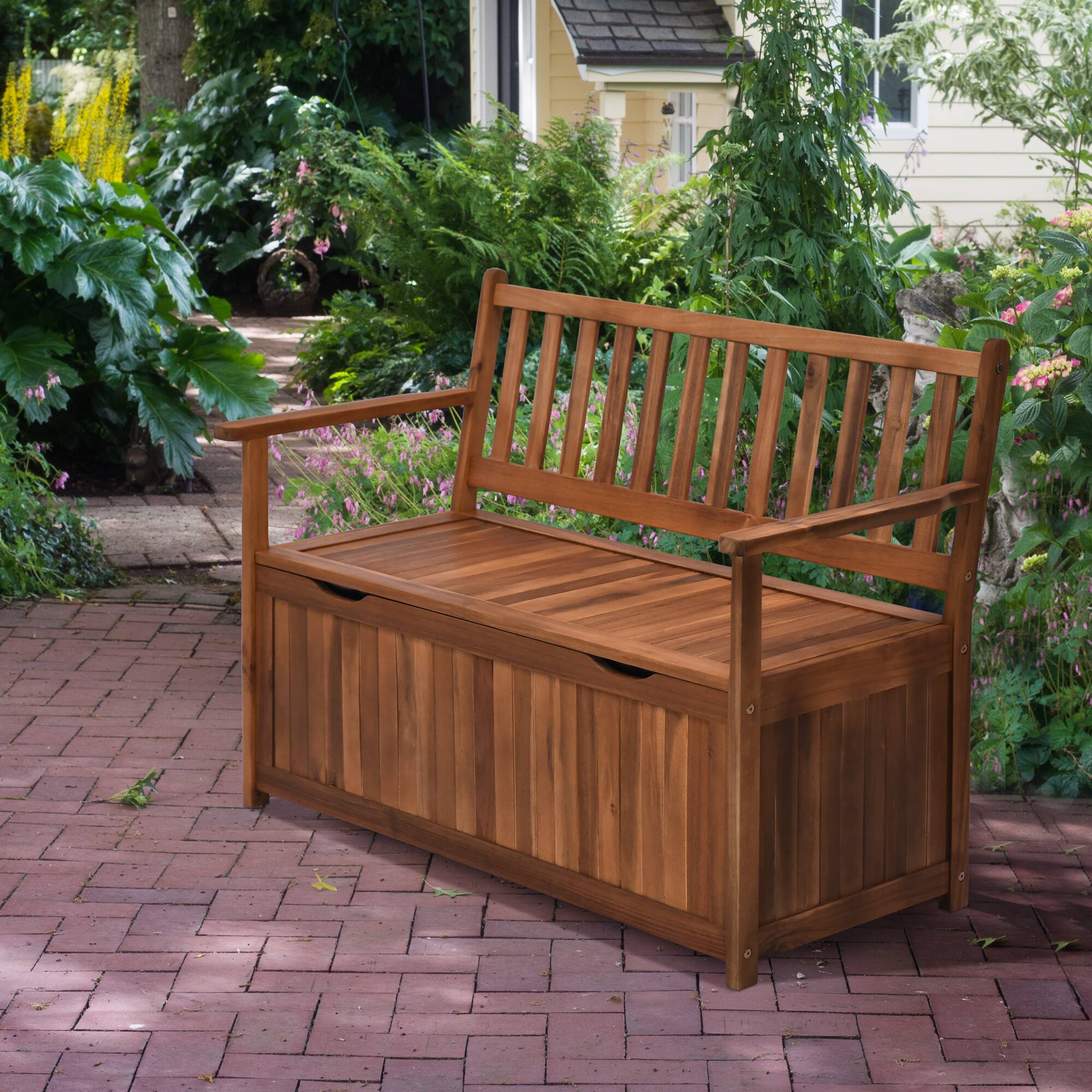 Alt View 1. Outsunny - 41 Gal Outdoor Storage Bench, Wooden Deck Box with Inner Waterproof PE Lining, 2-Seat Container for Store Garden Tools - Teak.