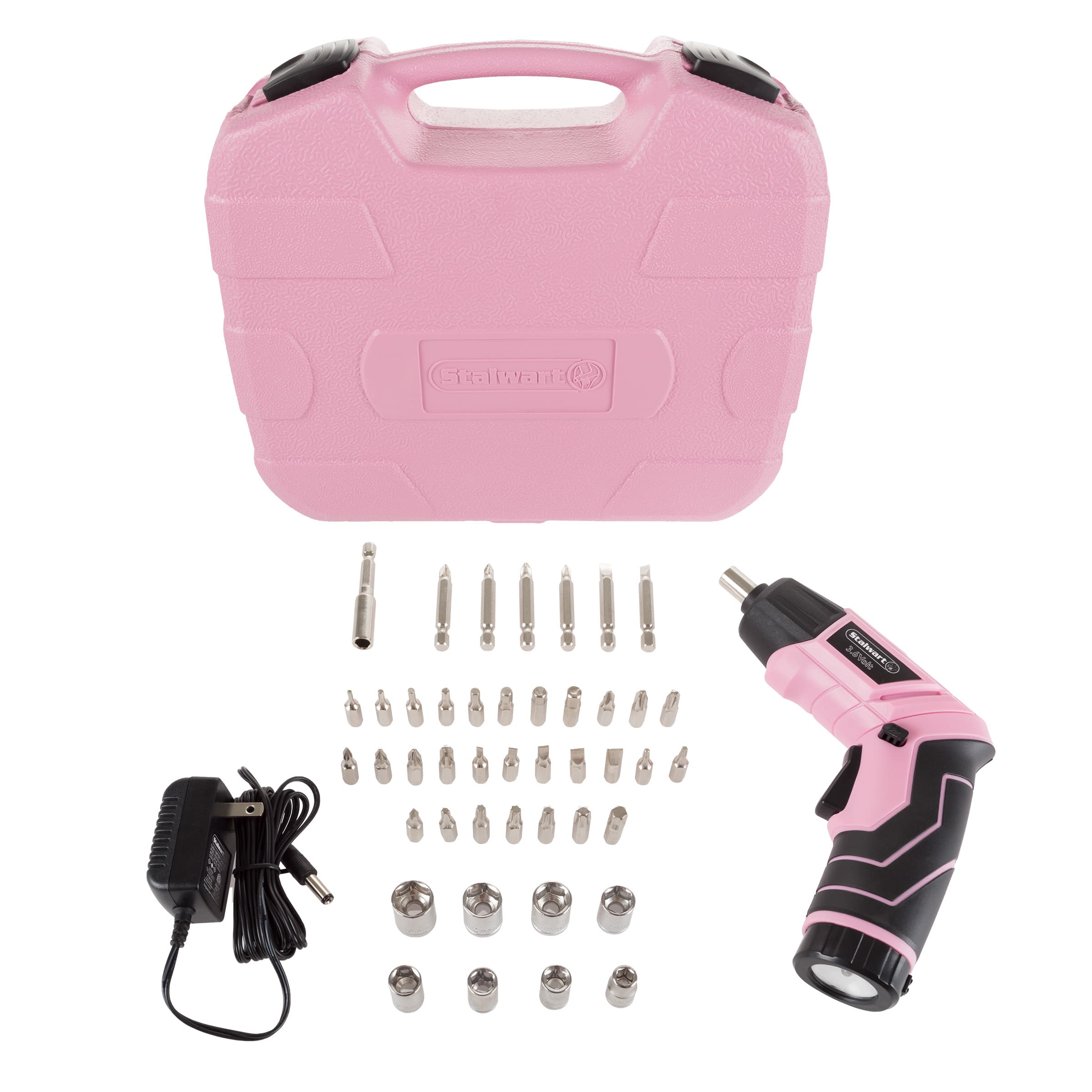 Stalwart - Pivoting Electric Screwdriver 45-Piece Tool Set Cordless Power Tool with 3.6V Lithium Battery and LED Flashlights - Pink