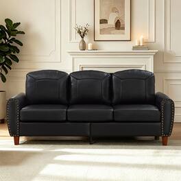 Ropilly - Black Faux Leather Sofa with Rolled Arms, Three Seat Living Room Couch with Solid Wood Legs - Black