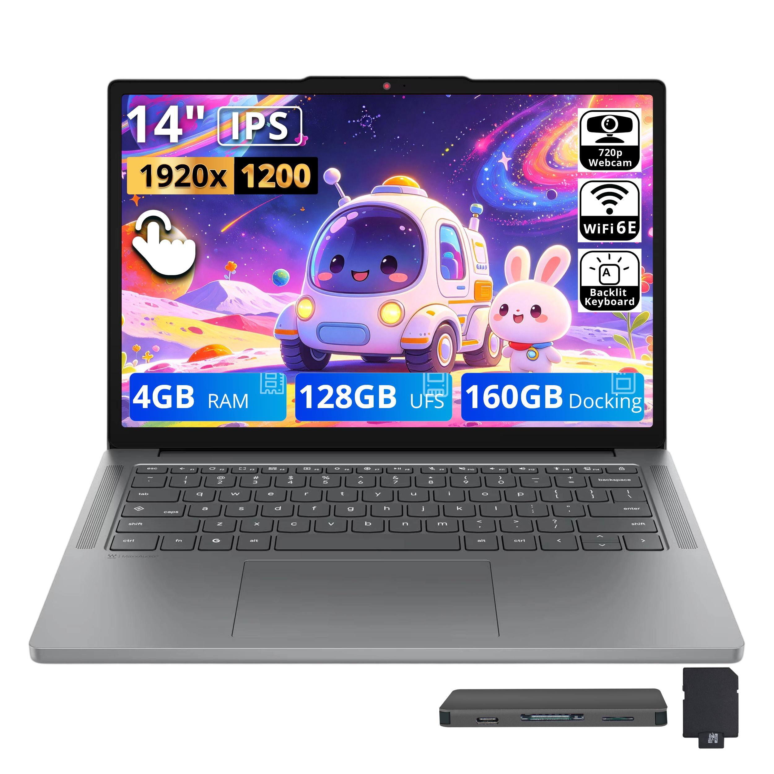 14" IPS 1920x1200  
720p Webcam  
WiFi 6E  
Backlit Keyboard  
4GB RAM  
128GB UFS  
160GB Docking