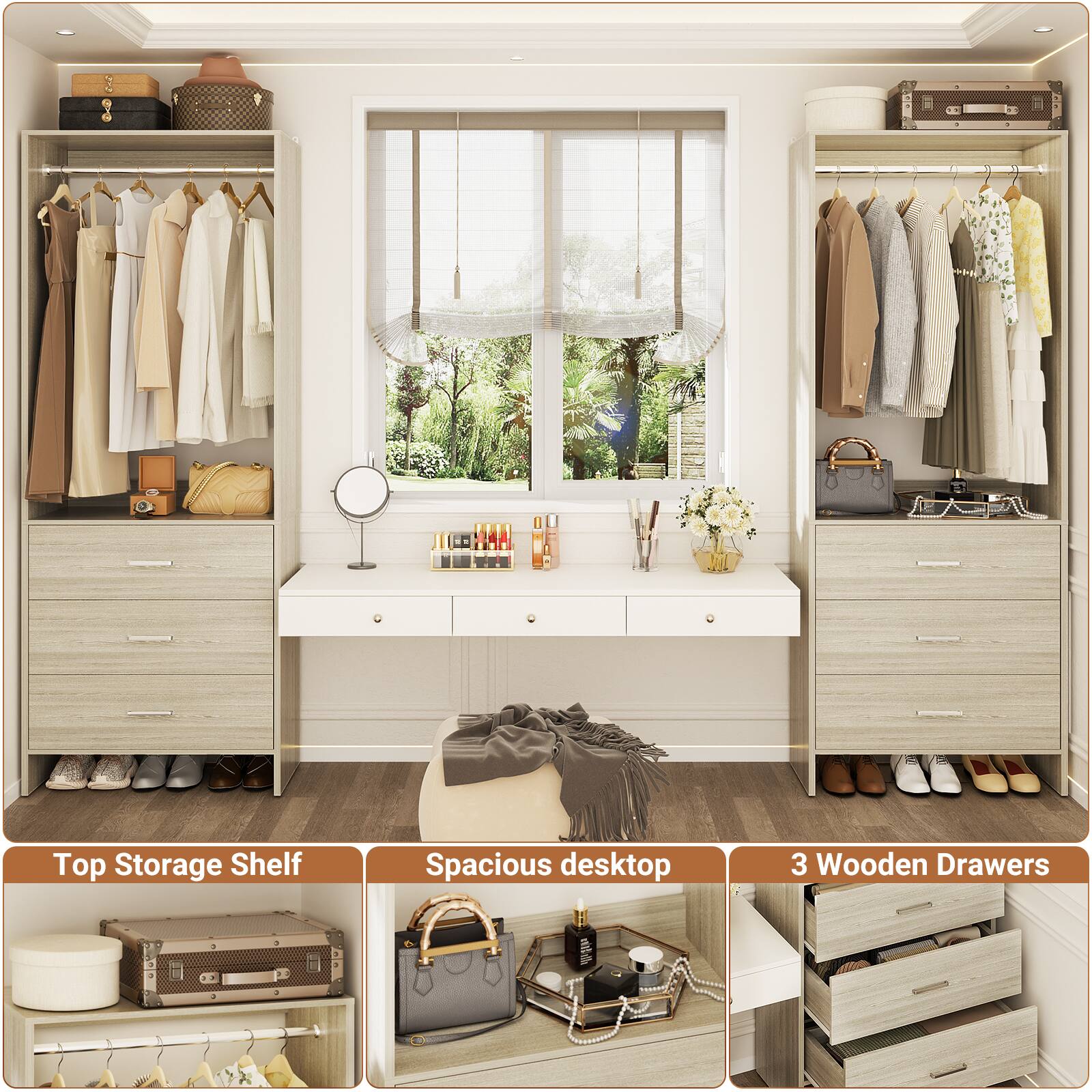 Top Storage Shelf  
Spacious desktop  
3 Wooden Drawers