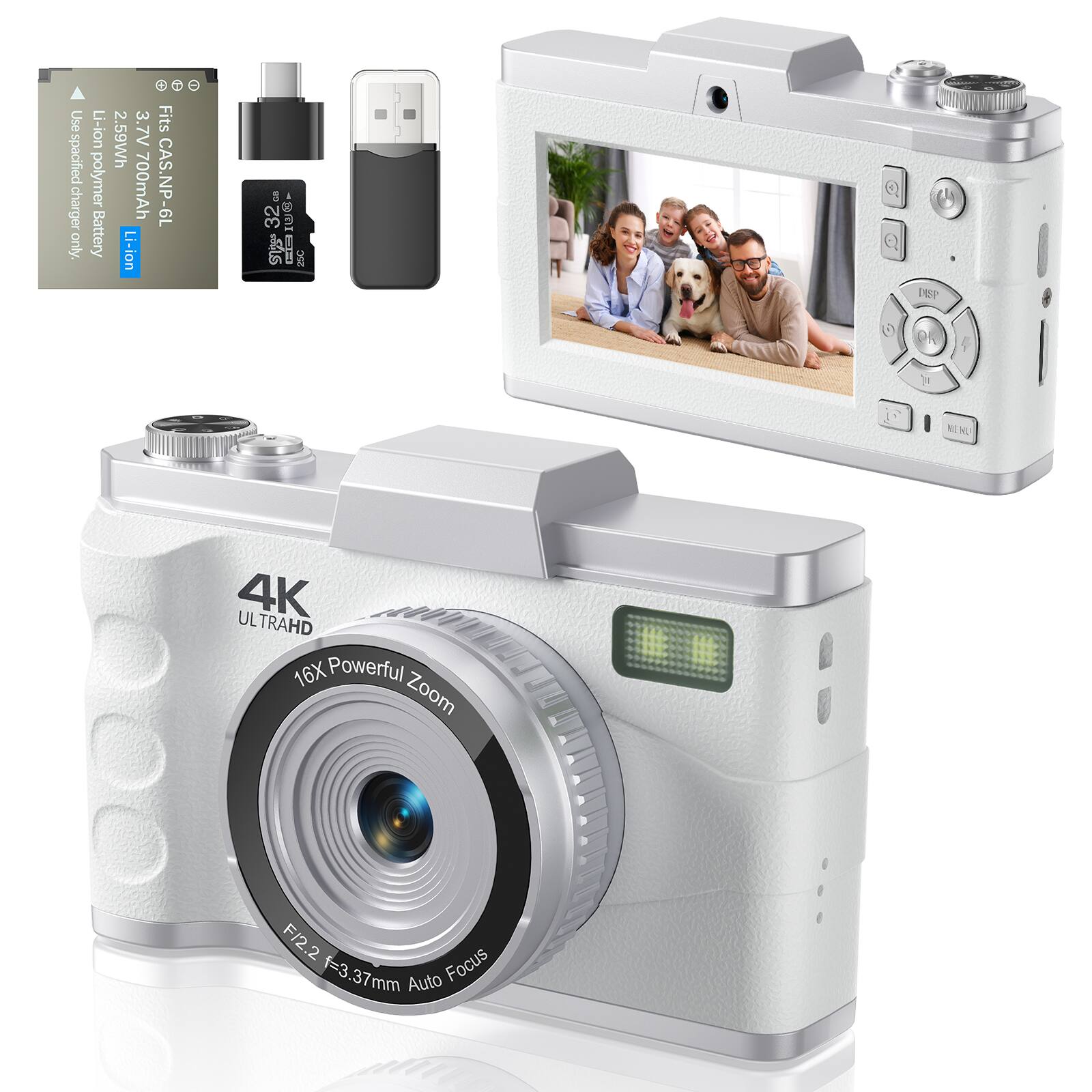 3.7V Li-ion polymer battery 2.59Wh 700mAh  
Fits CAS.NP-6L NP-6L charger only.  
Use specified charger only.  

4K ULTRAHD  
16X Powerful Zoom  
F/2.2 f=3.37mm Auto Focus