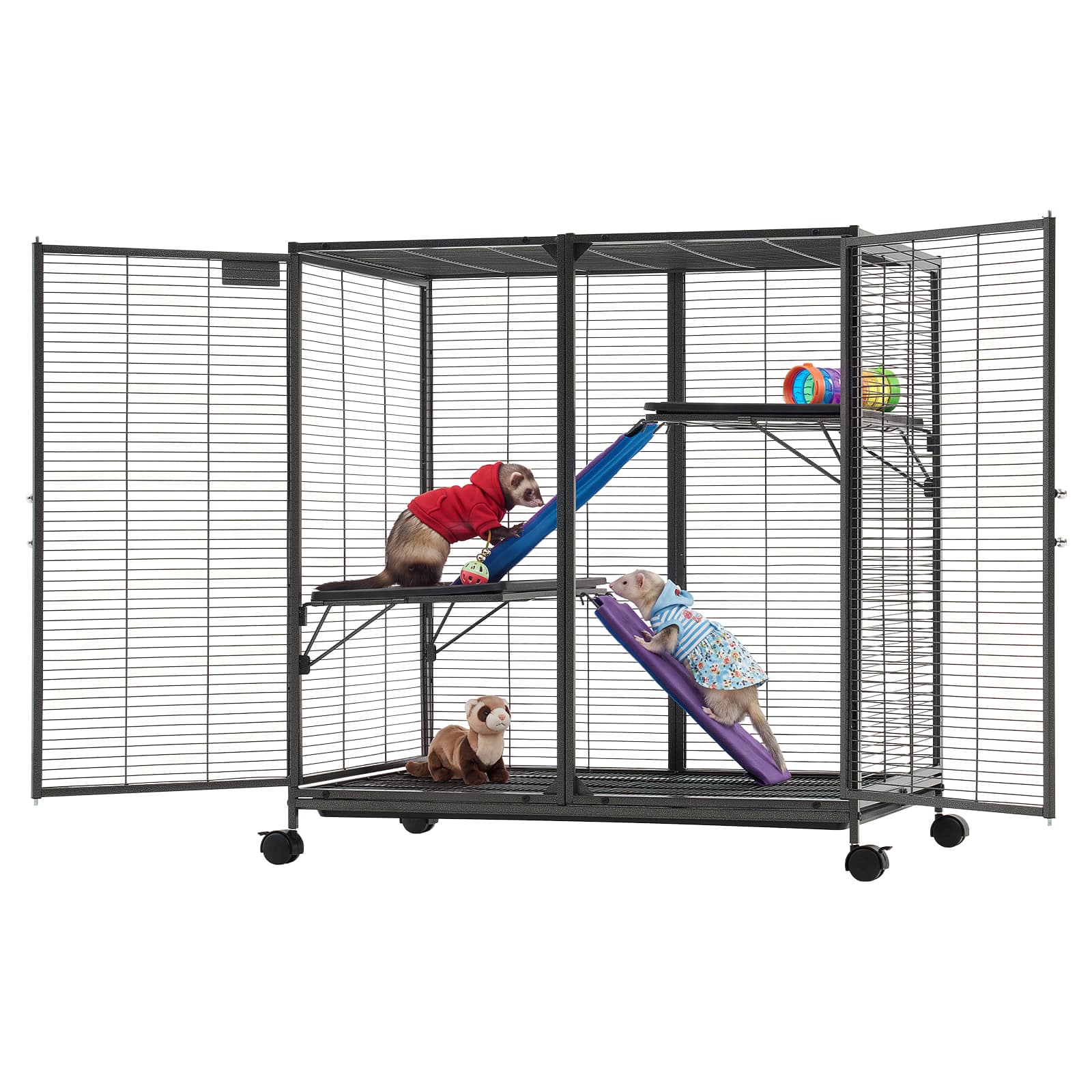 VEVOR - Metal Small Animal Cage 37.8"H 3-Tier Rolling Ferret Cage On Wheels, 0.55" Wire Spacing Large Cages with Ramps, Platform - Black with Silver Coating