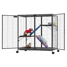 VEVOR - Metal Small Animal Cage 37.8"H 3-Tier Rolling Ferret Cage On Wheels, 0.55" Wire Spacing Large Cages with Ramps, Platform - Black with Silver Coating