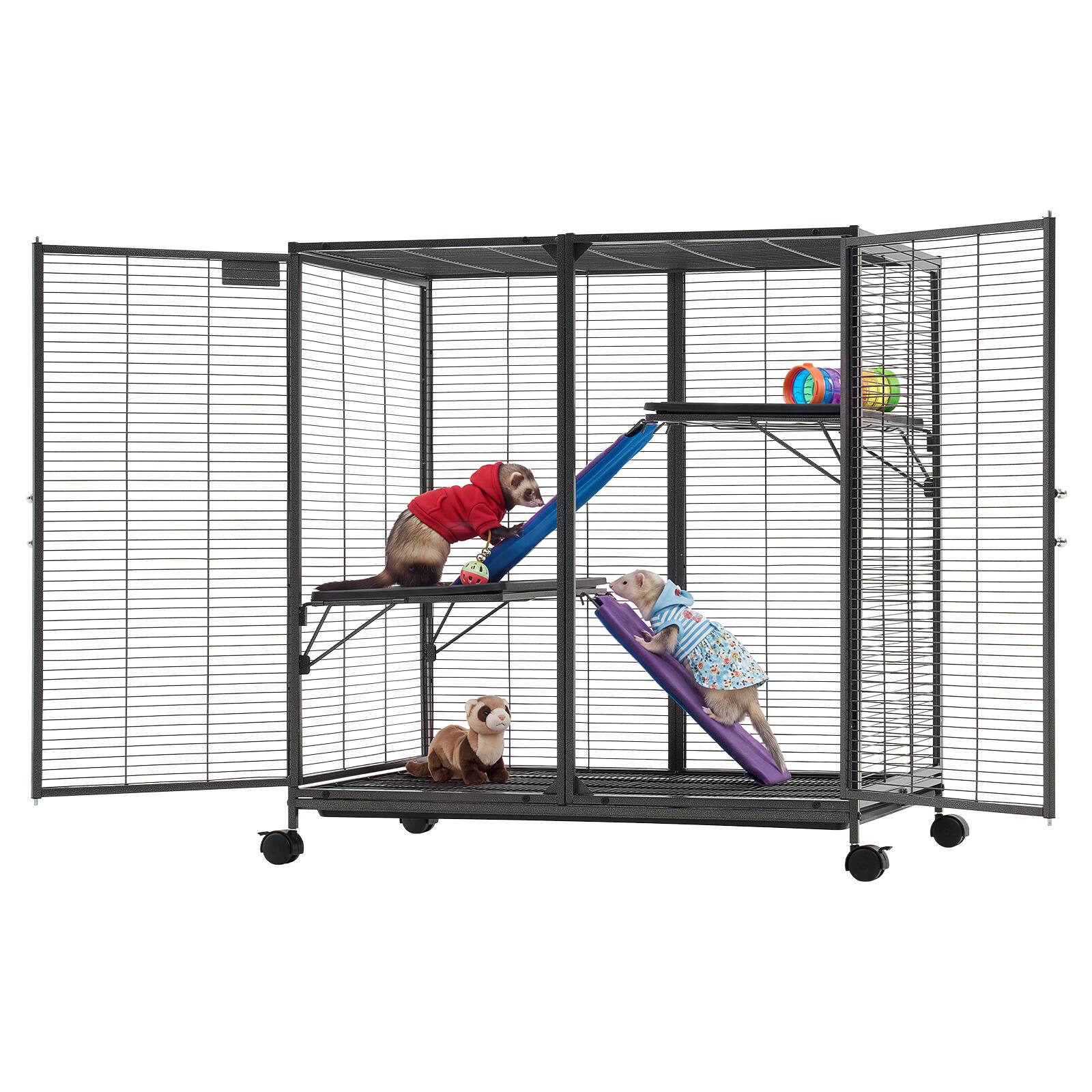 Front. VEVOR - Metal Small Animal Cage 37.8"H 3-Tier Rolling Ferret Cage On Wheels, 0.55" Wire Spacing Large Cages with Ramps, Platform - Black with Silver Coating.