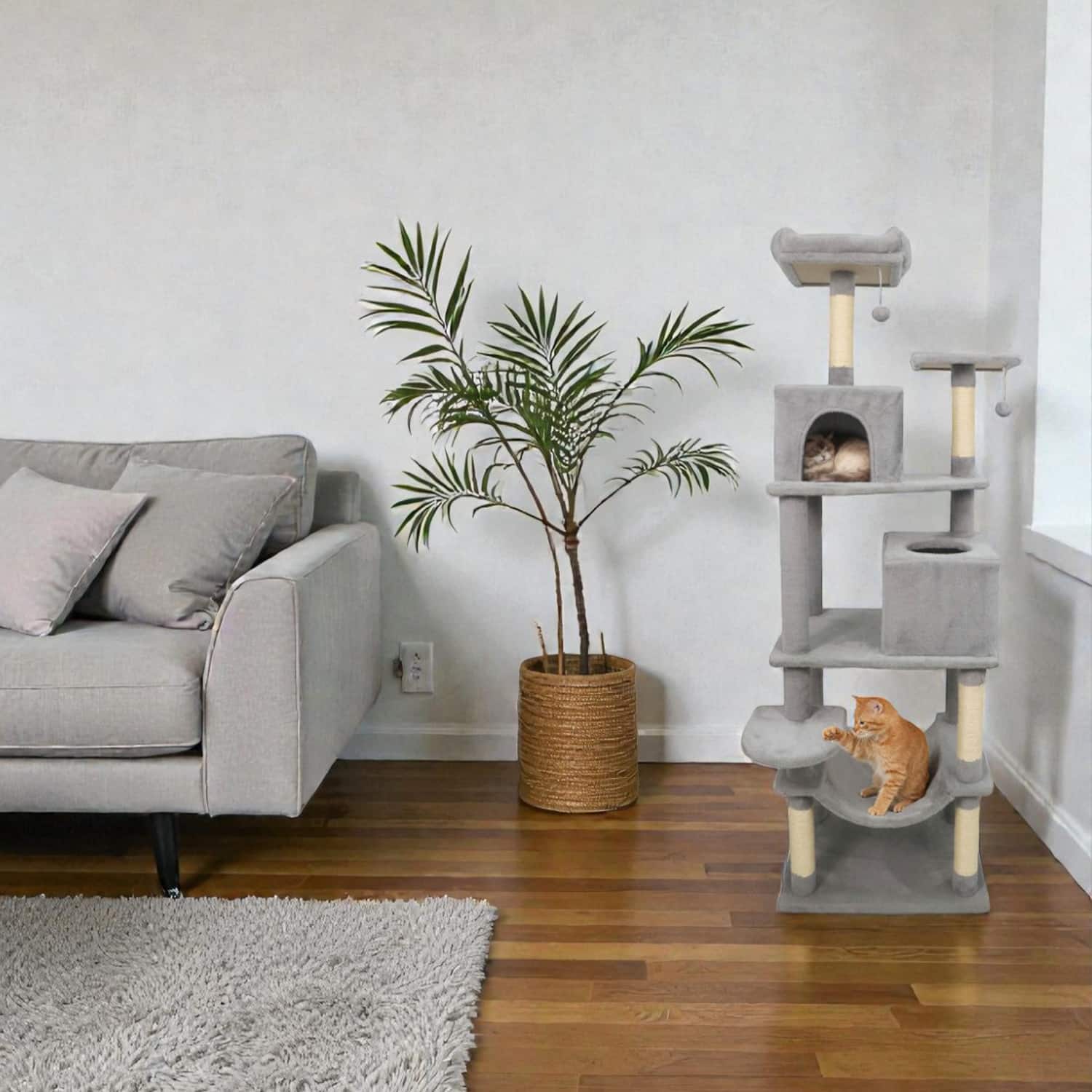 BreeBe - Multi-Tier Cat Tree Featuring Two Cat Condos and Padded Perch - Gray