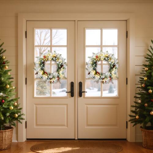 Alt View 9. Winado - 2 PCS 18in Pre-lit Snow Flocked Christmas Wreath with Lights for Holiday In/Outdoor Decoration - Snowy Green.