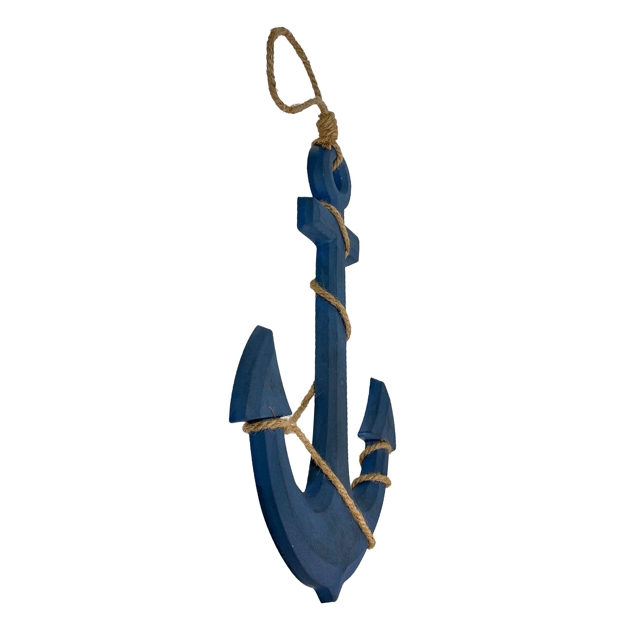 Alt View 1. Zeckos - Large 24"x16" Ship Anchor & Rope Wall Hanging - Hand-Painted Blue Finis - Blue.