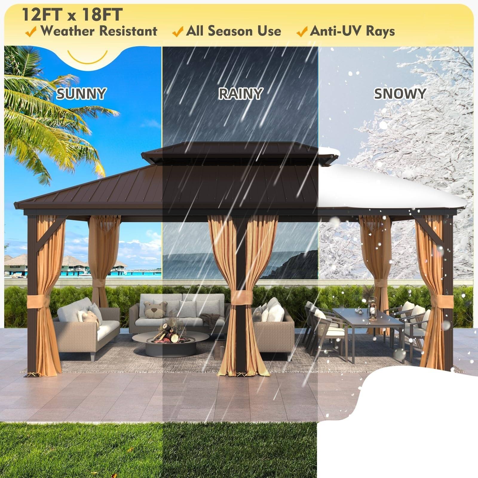 12FT x 18FT  
Weather Resistant  
All Season Use  
Anti-UV Rays  

SUNNY  
RAINY  
SNOWY