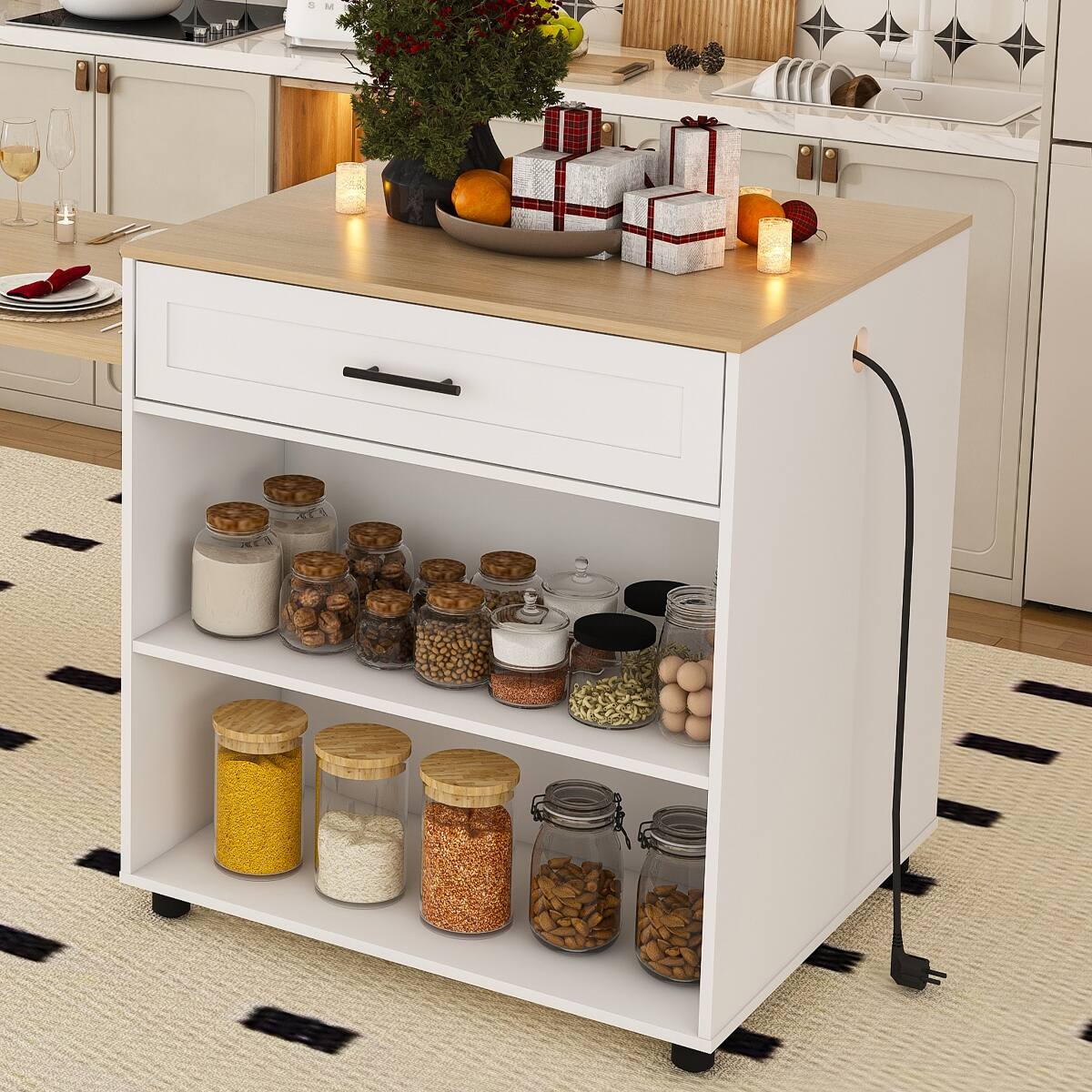 Alt View 8. Loheer - Loheer Expandable Kitchen Island With Dining Table, White Mobile Storage Cart - White.