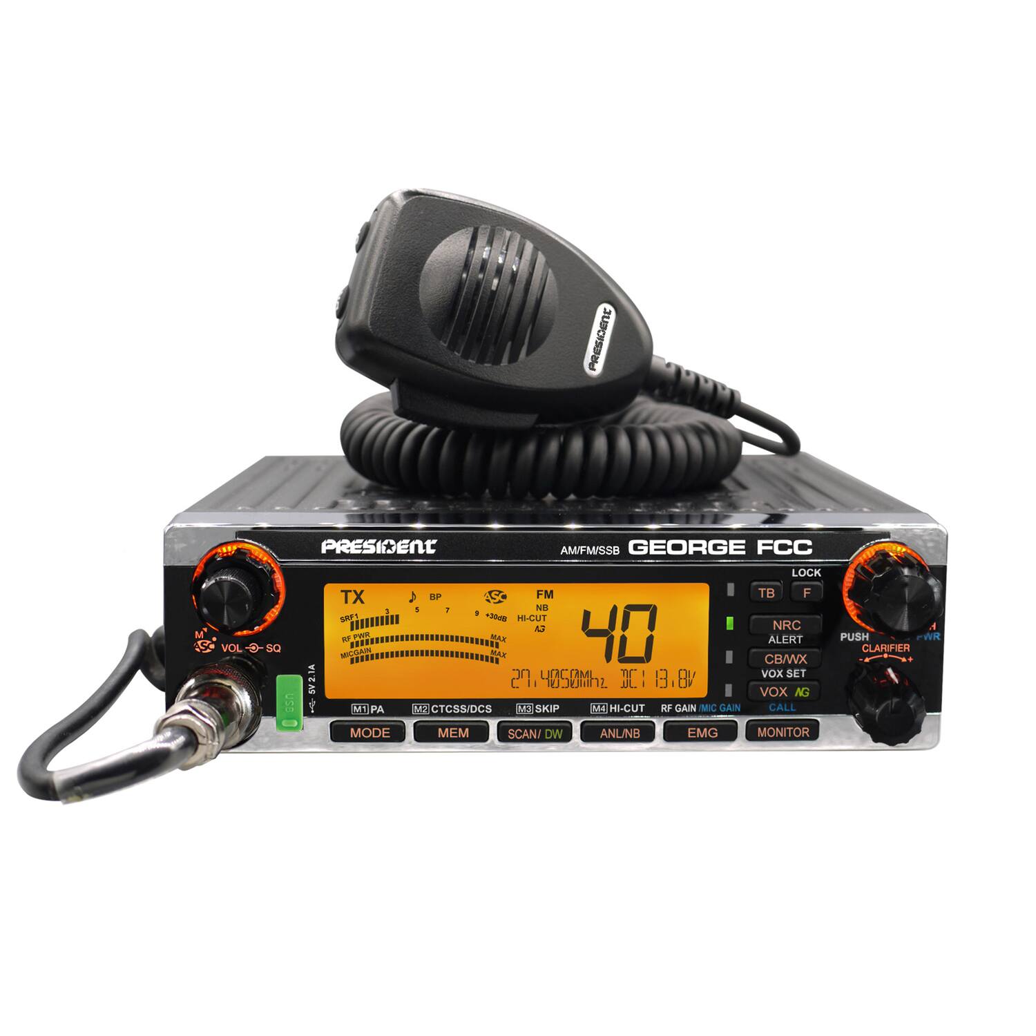 PRESIDENT AM/FM/SSB GEORGE FCC LOCK TX KP FM TB F 1 r NB SP immin Td HI-CUT U NRC VOL-O-SO DE MN RTWE Wr MAR 40 CB/WX ALERT A on U VOX SET SV2.1A Cin L ZUIDCOAL DC 1.8V AS VOX AG PA M CTCS8/DCS AK SKIP MO HI-CUT RF GAIN MIC CALL PUSH FWRt CLARIFIER MODE MEM SCAN DW ANLNB EMG MONITOR