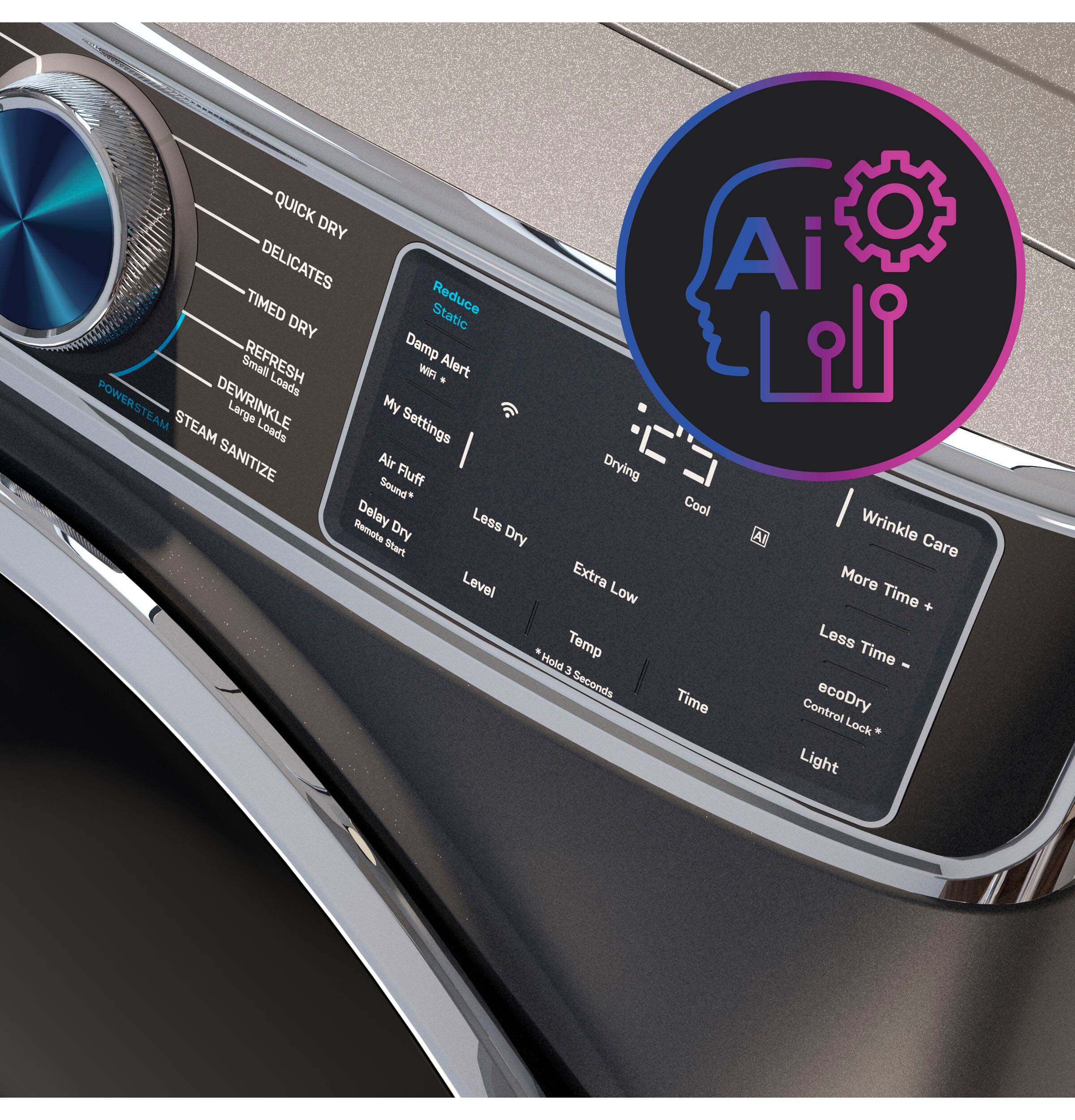 The text on the image is grouped and corrected as follows:
1. Quick Dry: This setting allows for faster drying of clothes.
2. Delicates: This setting is designed for delicate items that require a gentler drying process.
3. Timed Dry: This setting allows for a specific amount of time for drying clothes.
4. Static Reduce: This setting helps to reduce static electricity in the clothes.
5. Refresh: This setting refreshes clothes after a wash cycle.
6. Damp: This setting is for clothes that are still damp after a wash cycle.
7. Small Loads: This setting is for smaller loads of clothes.
8. Wrinkle Alert: This setting alerts the user when clothes have wrinkles.
9. Large Loads: This setting is for larger loads of clothes.
10. My Settings: This setting allows the user to customize the drying options.
11. Sanitize: This setting sanitizes clothes after a wash cycle.
12. Air Fluff: This setting uses air to fluff clothes.
13. Dry Dry Start: This setting starts the drying process with a dry cycle.
14. Level: This setting adjusts the drying level.
15. Extra Low: This setting is for delicate items that require a gentler drying process.
16. Temp Hold: This setting holds the temperature for 3 seconds.
17. Ai Cool: This setting uses AI technology to cool clothes.
18. Wrinkle Care: This setting helps to reduce wrinkles in clothes.
19. More Time + Less Time: This setting allows the user to adjust the drying time.
20. Time Control: This setting allows the user to control the drying time.
21. ecoDry Lock: This setting helps to reduce energy consumption.
22. Light: This setting uses a light to dry clothes.