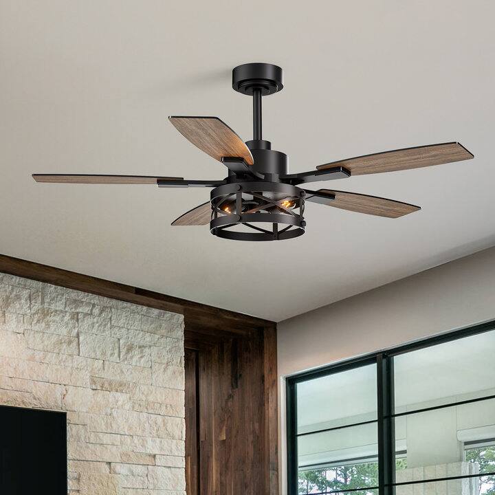 Angle. Siljoy - 52-in Rustic Cage Ceiling Fan with Walnut or Black Color Blades Ceiling Fan With Light - Remote Included ( 5-Blade ) - Matte Black.