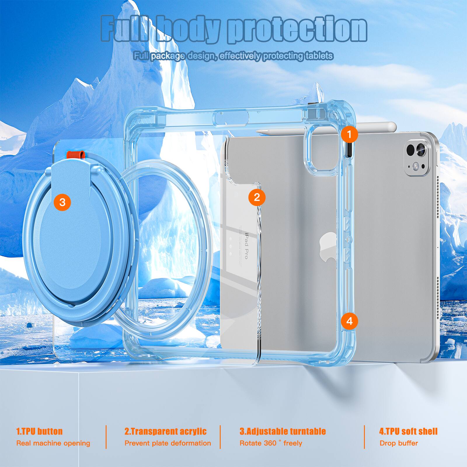 Full body protection  
Full package design, effectively protecting tablets  

1. TPU button  
Real machine opening  

2. Transparent acrylic  
Prevent plate deformation  

3. Adjustable turntable  
Rotate 360° freely  

4. TPU soft shell  
Drop buffer