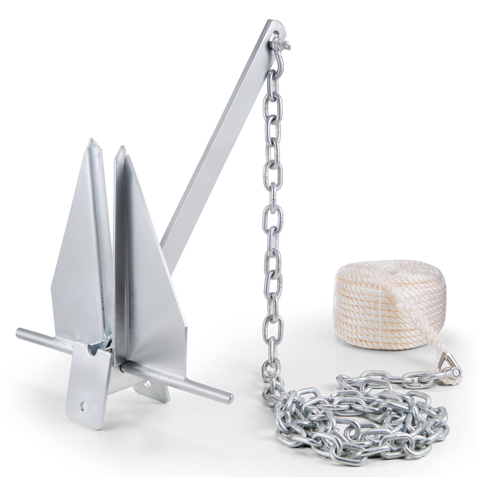 Alt View 5. VEVOR - Fluke Style Anchor Kit, 13 LBS Hot-Dipped Galvanized Steel Fluke Anchor with 7.9' Chain, 101' Rope and Two 0.4" Shackles - Silver.