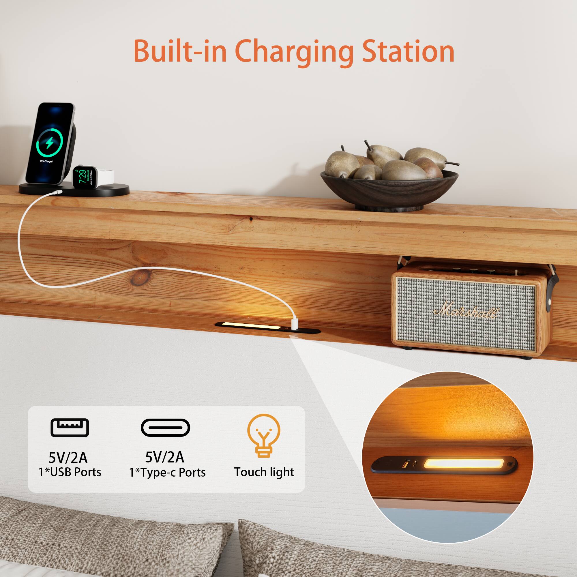 Built-in Charging Station

- 5V/2A 1*USB Ports
- 5V/2A 1*Type-c Ports
- Touch light