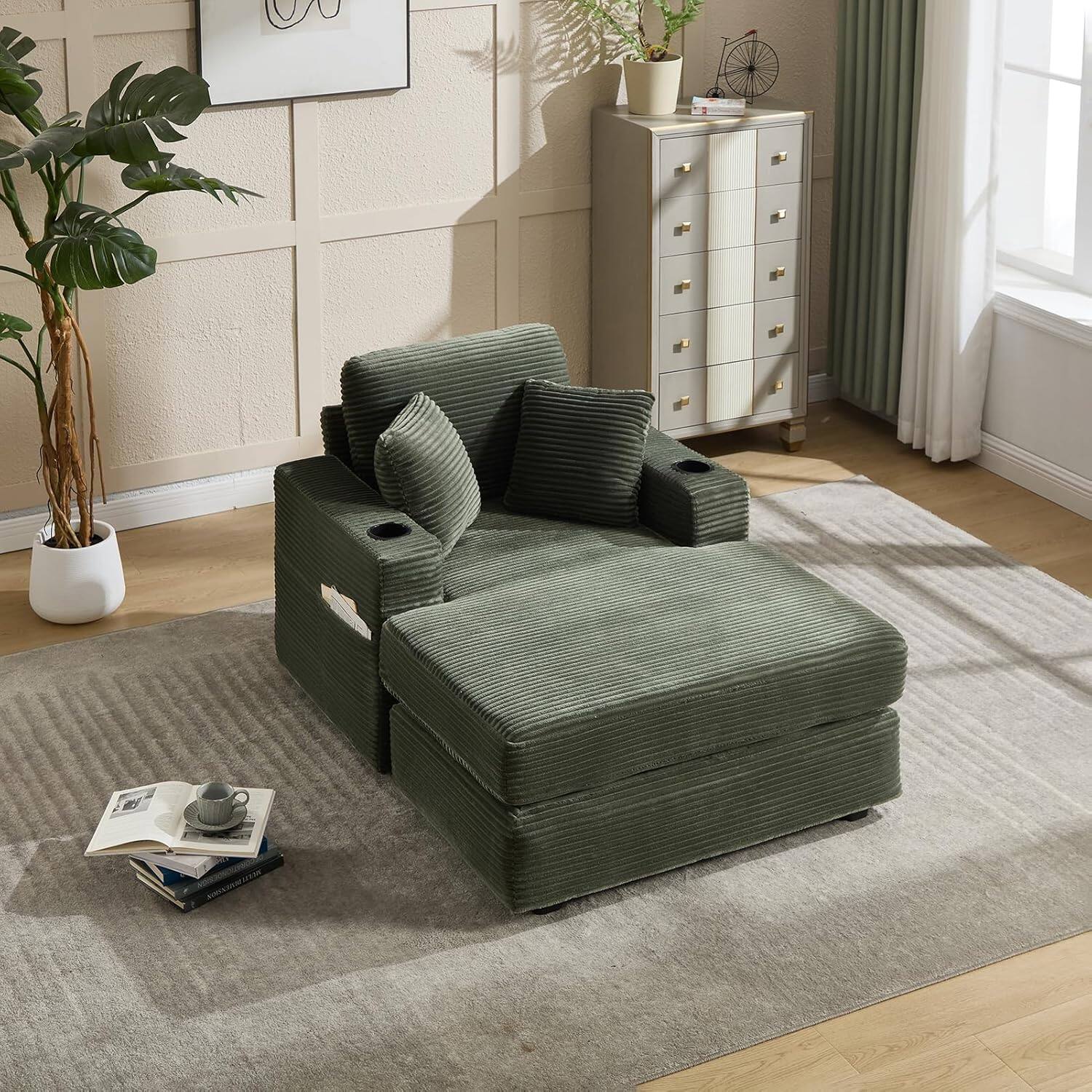 Alt View 3. Trinkets Crazed - Corduroy Chaise Lounge Chair Indoor, Comfy Fluffy Single Sleeper Sofa with Cup Holders and Pockets - green.