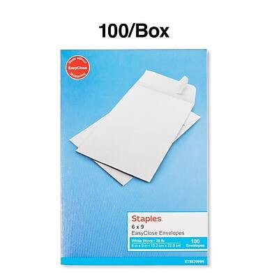 100/Box  
EasyClose Staples  
EasyClose Envelopes  
White Wove 6 x 9  
100 Envelopes  
29 lb  
229 g/m²  
$18.99