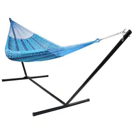 Front. Sunnydaze - 2-Person Woven Cotton/Nylon Hammock with Steel Stand - Blue.