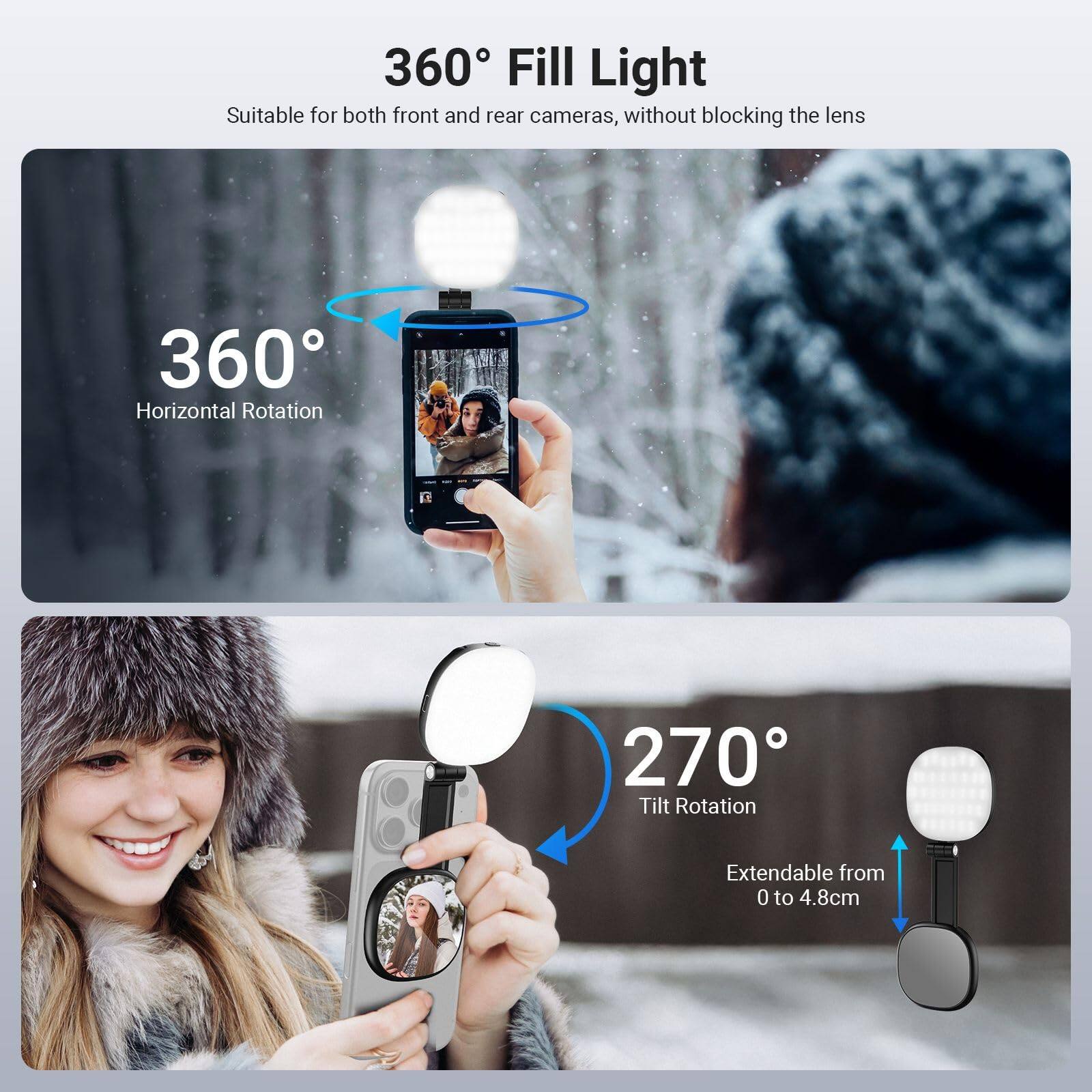 360° Fill Light  
Suitable for both front and rear cameras, without blocking the lens  

360° Horizontal Rotation  
270° Tilt Rotation  
Extendable from 0 to 4.8cm
