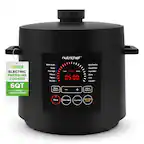 nutrichef ELECTRIC PRESSURE COOKER 6QT 12 PRESET COOKING MODES Multi Grain Soup Porridge Steam Beans Risotto Menu Option 1 Loss Normal More 05:00 | + Beef/Poultry Meat/Stew Pork Ribs Bake Fish Dessert Menu Option 2 Rice Delay start Custom Keep warm Cancel