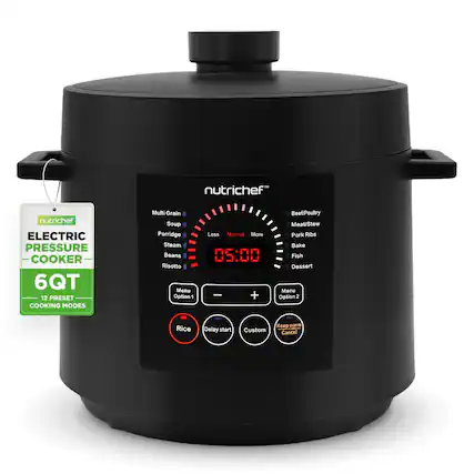nutrichef ELECTRIC PRESSURE COOKER 6QT 12 PRESET COOKING MODES Multi Grain Soup Porridge Steam Beans Risotto Menu Option 1 Loss Normal More 05:00 | + Beef/Poultry Meat/Stew Pork Ribs Bake Fish Dessert Menu Option 2 Rice Delay start Custom Keep warm Cancel