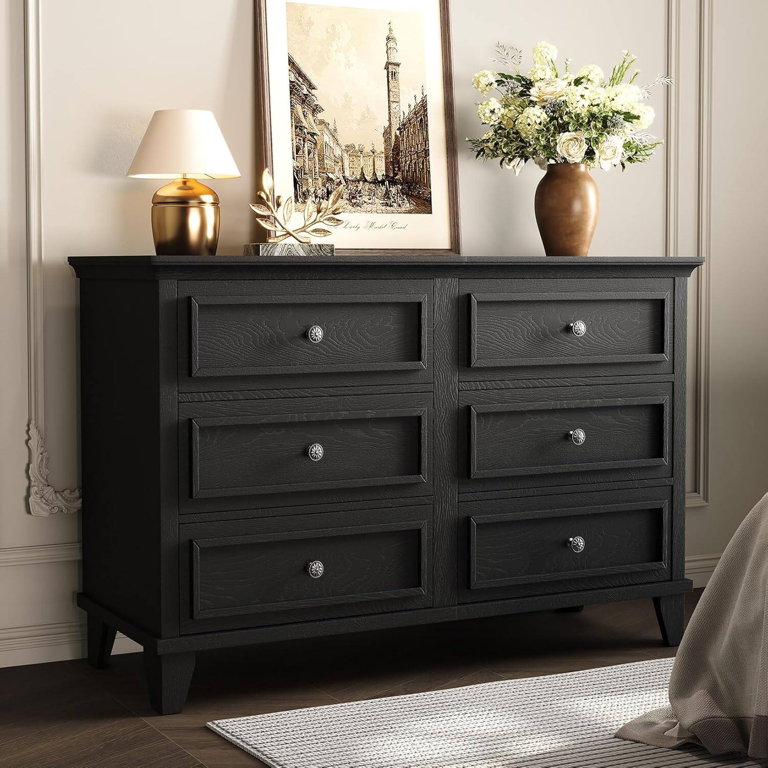 Front. Acekool - Dresser for Bedroom, 6 Drawer Wide Dresser Storage Organizer, Modern Wooden Chest of Drawers with Metal Handles - Black.