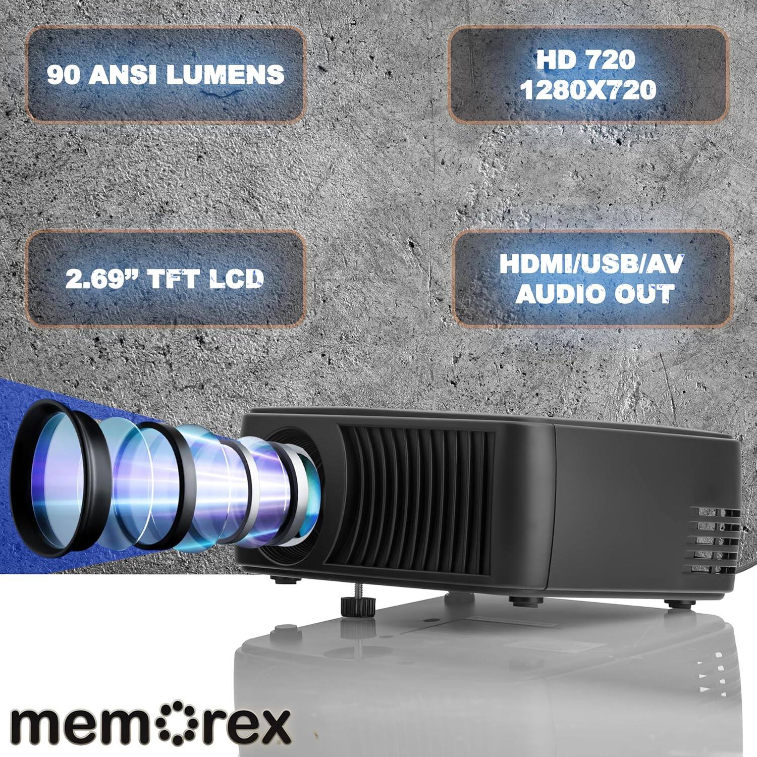 90 ANSI LUMENS

2.69" TFT LCD

HD 720 1280X720

HDMI/USB/AV AUDIO OUT

mem:rex