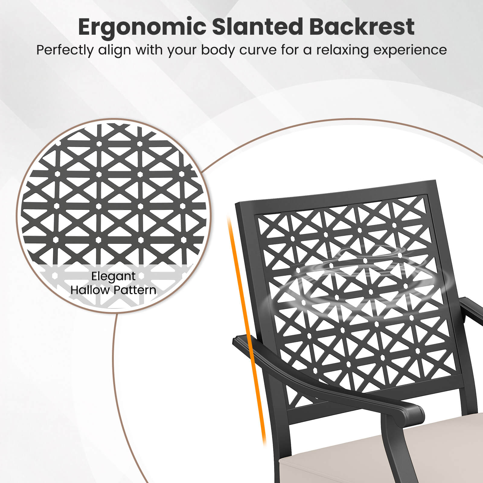 Ergonomic Slanted Backrest: Perfectly align with your body curve for a relaxing experience. Elegant Hallow Pattern.