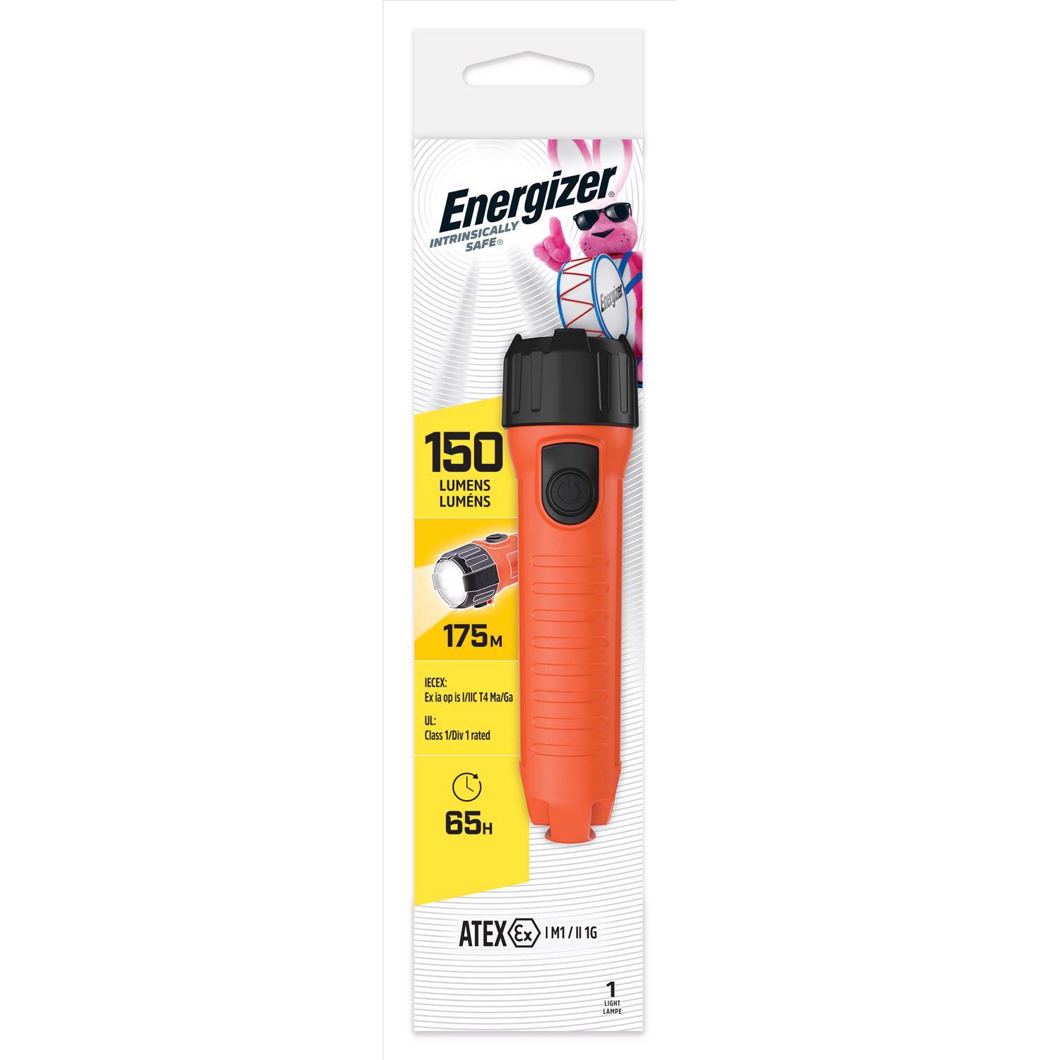 Energizer  
INTRINSICALLY SAFE  

150 LUMENS  
175M  

IECEx:  
Ex ib IIC T4 MaGa  

UL:  
Class I Div1 Rated  

65H  

ATEX:  
Ex ib IIC T4 MaGa  

1M1/1G  

1 LIGHT