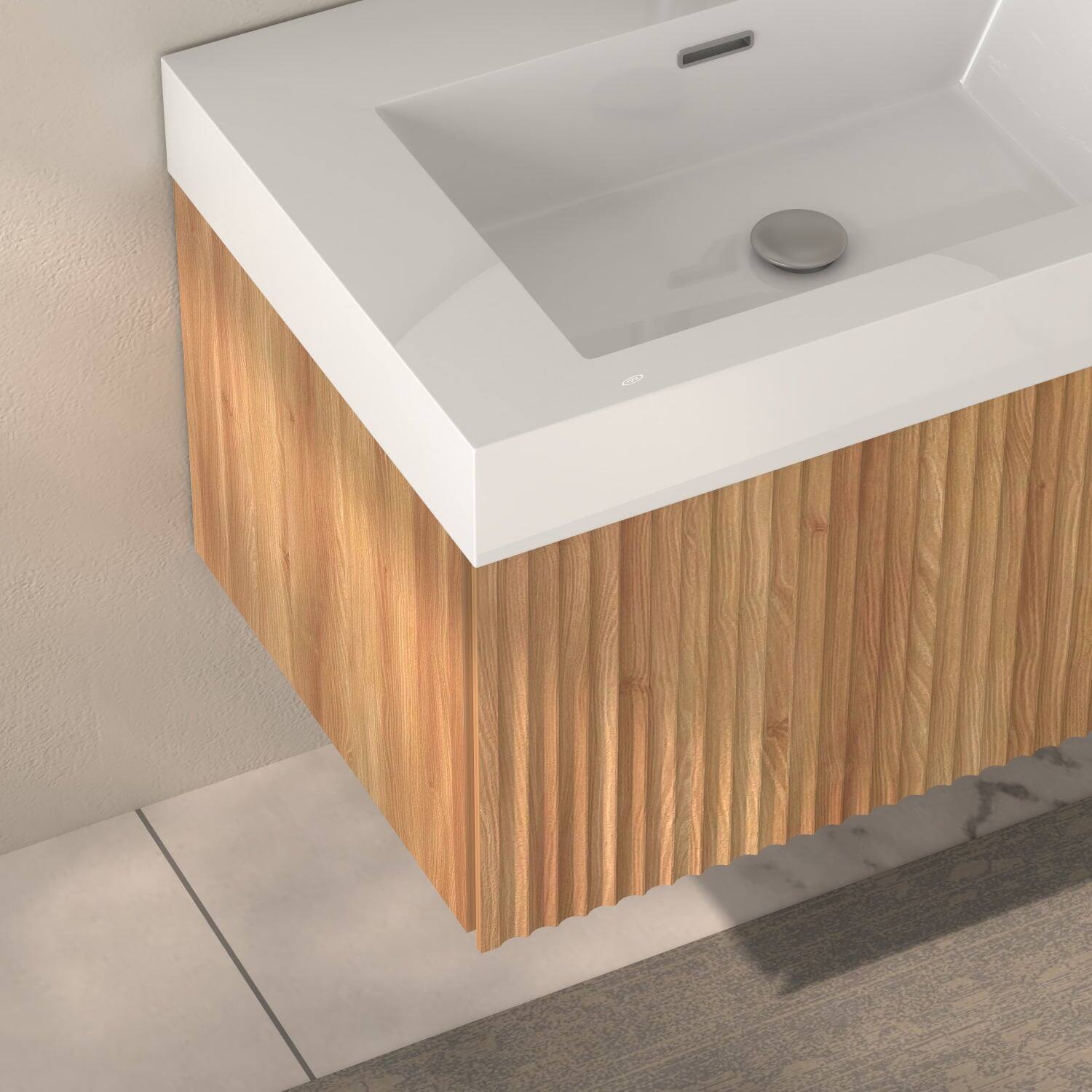 Angle. Boyel Living - 30 in Wall-Mounted Bathroom Vanity with Integrated Basin Plywood Cabinet Modern Minimalist Floating Design Acacia Finish - Acacia.