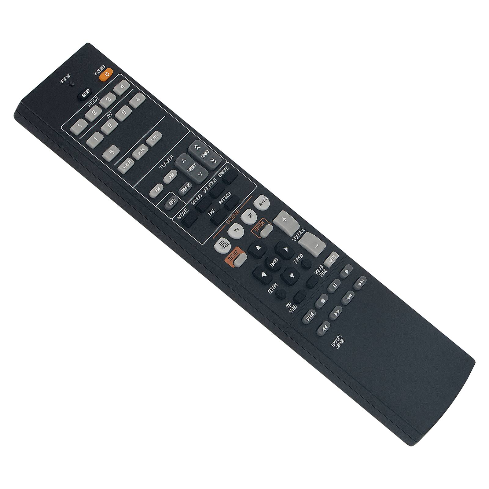 TRANSMIT  
RECEIVER SLEEP 3 HDMI 2 AV 3 USB AUX 77 5 TUNING AUDIO TUNER  
TUN PRESET STRAIGHT AM A FM MEMORY SUR DECODE INFO MUSIC ENHANCER RADIO MOVIE BASS SCENE CO Al OPTION VOLUME  
SETUP ENTER DISPLAY MUTE POP-UP MENU " RETURN TOP MENU MODE 44 RAV621 7.165500