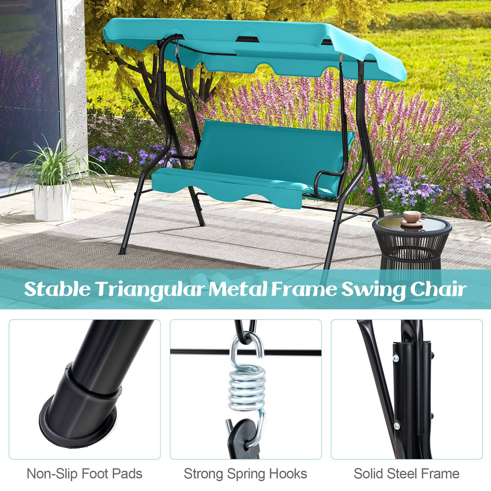 Stable Triangular Metal Frame Swing Chair

- Non-Slip Foot Pads
- Strong Spring Hooks
- Solid Steel Frame