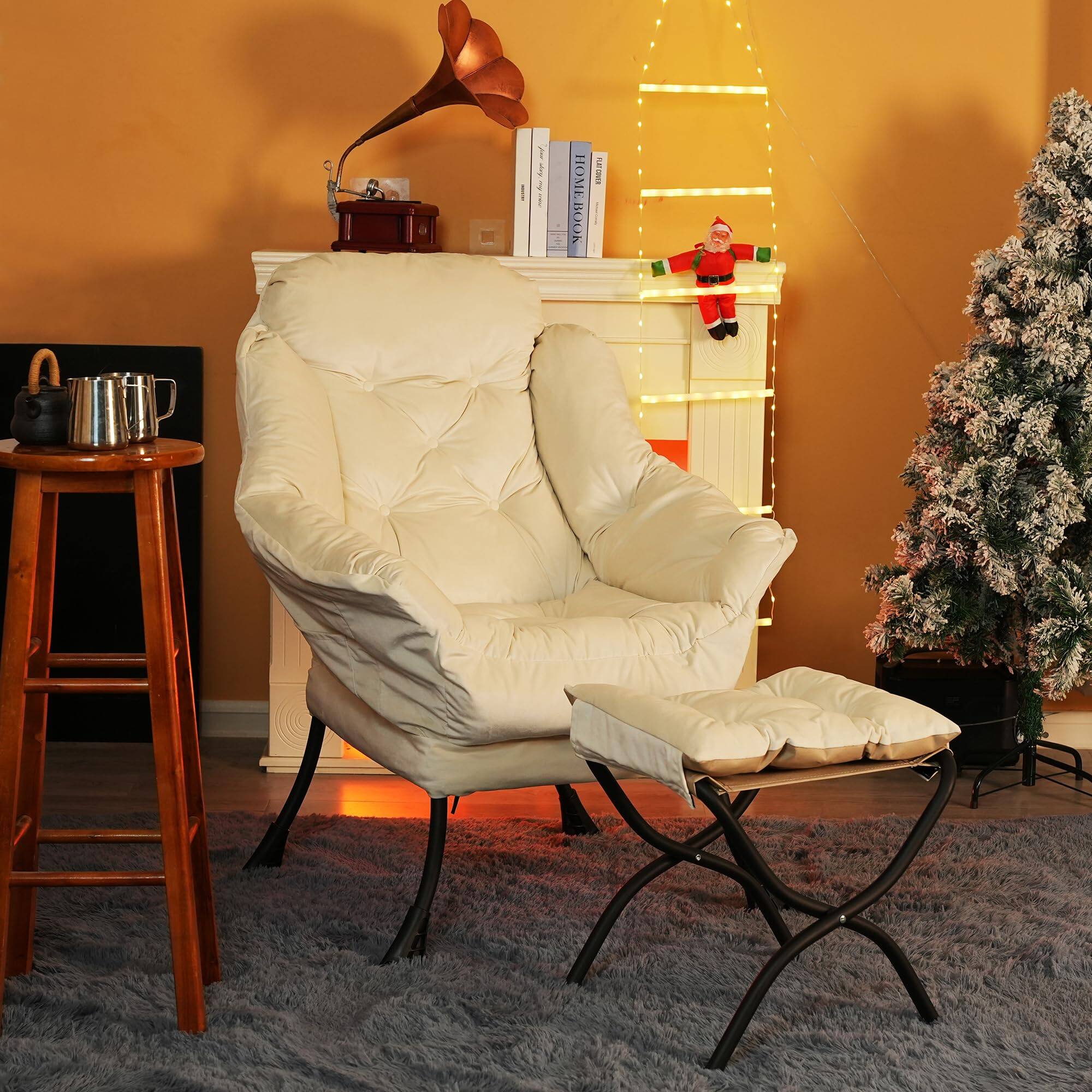 Alt View 3. JETRANSPORT - Lazy Chair With Folding Ottoman Living Room Chairs Accent Contemporary Lounge Single Steel Frame Leisure So... - White.