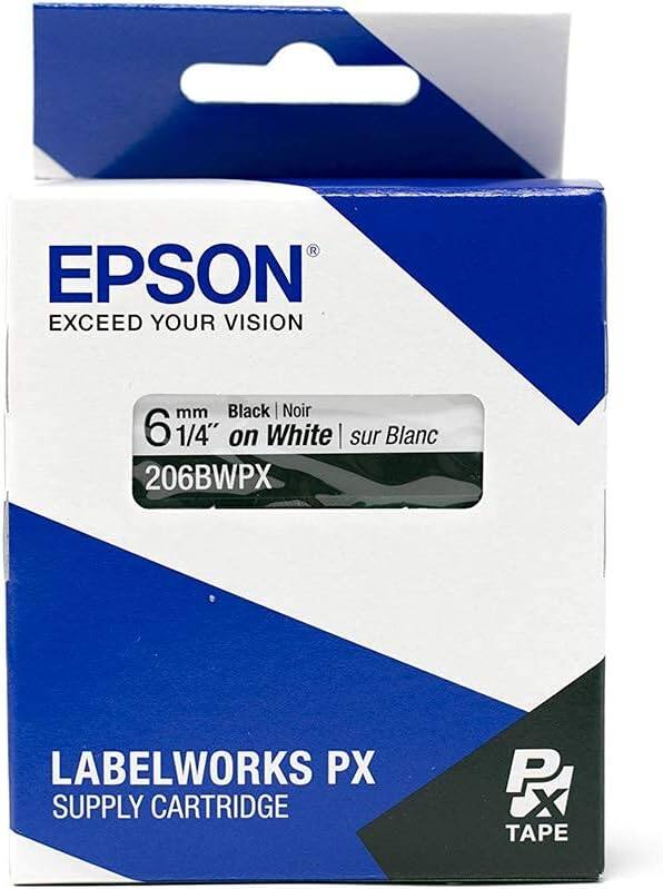 EPSON  
EXCEED YOUR VISION  

6 mm Black | Noir  
1/4" on White | sur Blanc  

206BWPX  

LABELWORKS PX  
SUPPLY CARTRIDGE  

PX  
TAPE