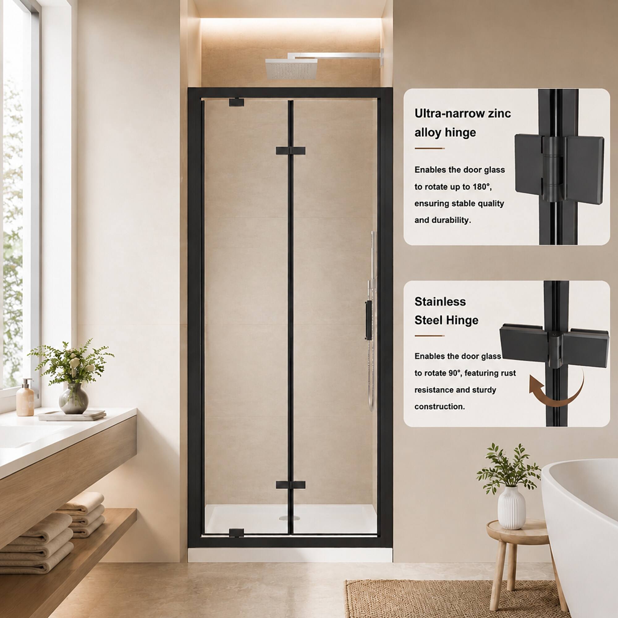 Ultra-narrow zinc alloy hinge  
Enables the door glass to rotate up to 180°, ensuring stable quality and durability.  

Stainless Steel Hinge  
Enables the door glass to rotate 90°, featuring rust resistance and sturdy construction.