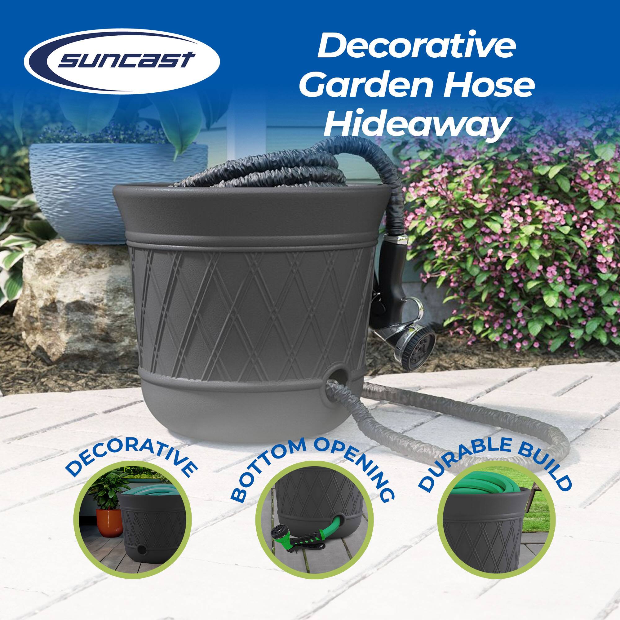 suncast  
Decorative Garden Hose Hideaway  
DECORATIVE BOTTOM OPENING DURABLE BUILD