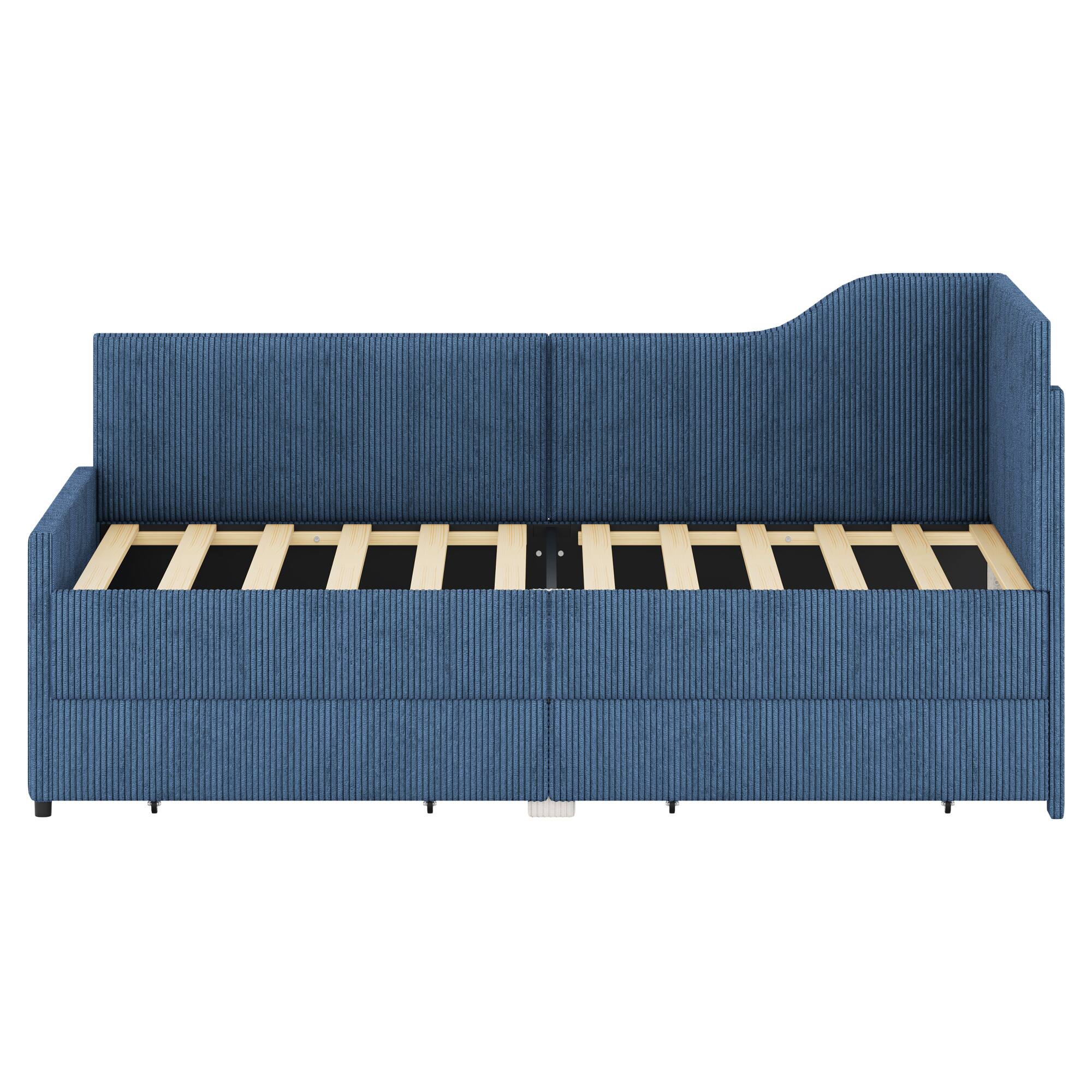 Alt View 6. GOODSILO - Twin Size L-Shaped Upholstered Daybed with Storage Drawers, Corduroy Fabric, Beige Finish - Blue.