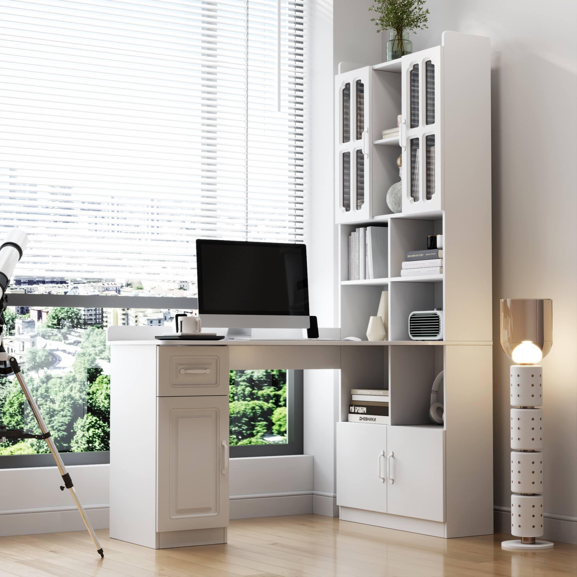 Left. TinyHomie - L-Shaped Corner Computer Desk for Home Office or Study desk Study with Drawers Bookshelf and Hutch 2-in-1 Working Space - White.