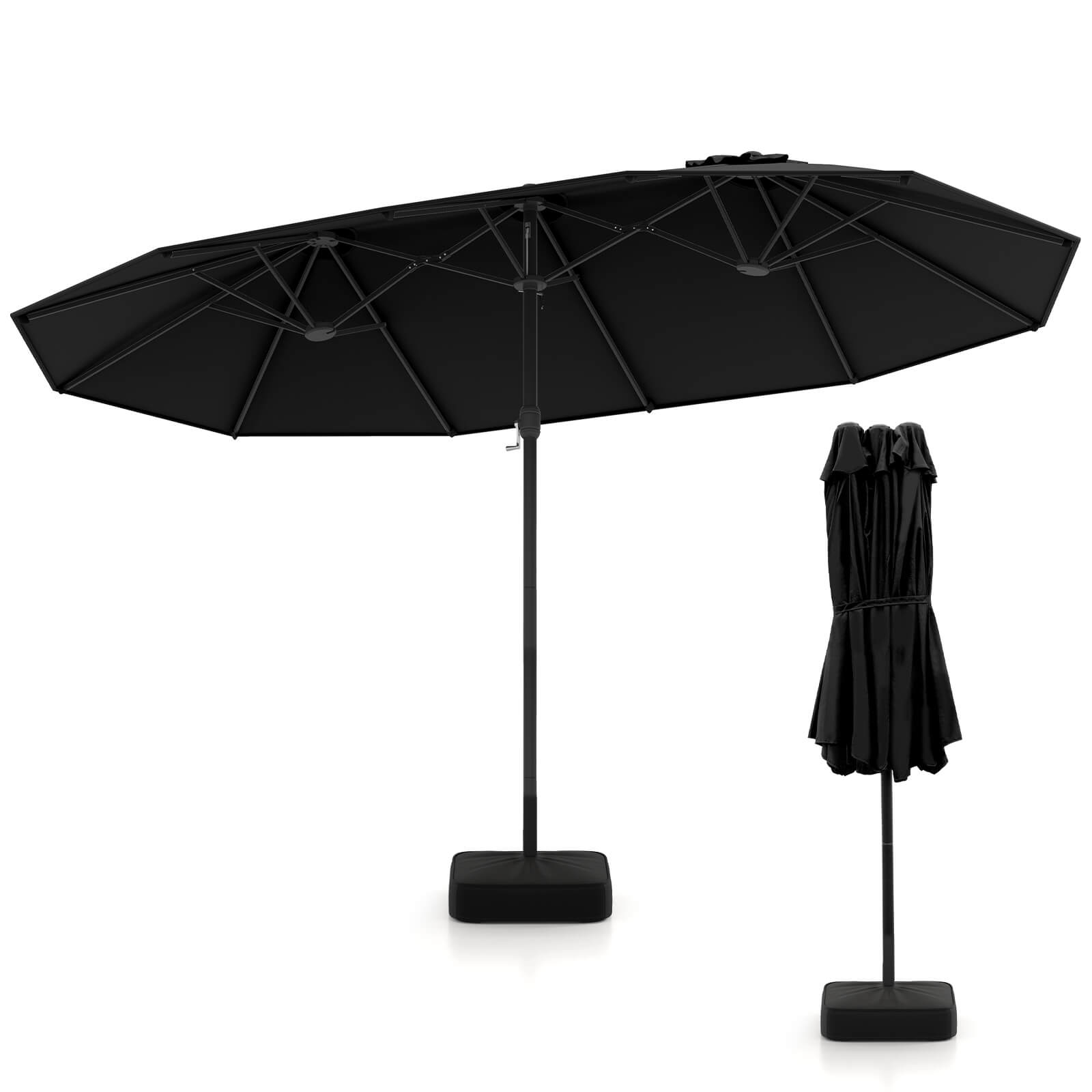 Costway - 15FT Double-Sided Twin Patio Umbrella Sun Shade Outdoor Crank Market Base - Black