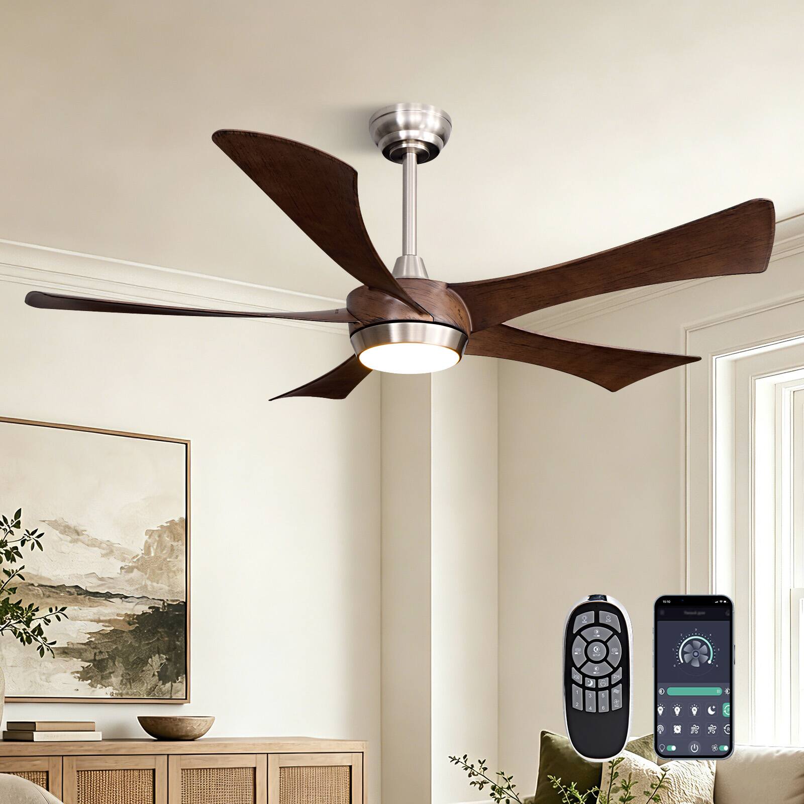 Siljoy - 52 Inch Retro Wood Grain 5 Blade Ceiling Fan with Light Brushed Nickel Canopy LED Ceiling Fan for Bedroom Living Room - Brown