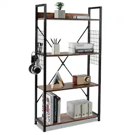 Costway - 4 -Tier Industrial Bookshelf Open Storage Bookcase Display Shelf for Home Office - Coffee