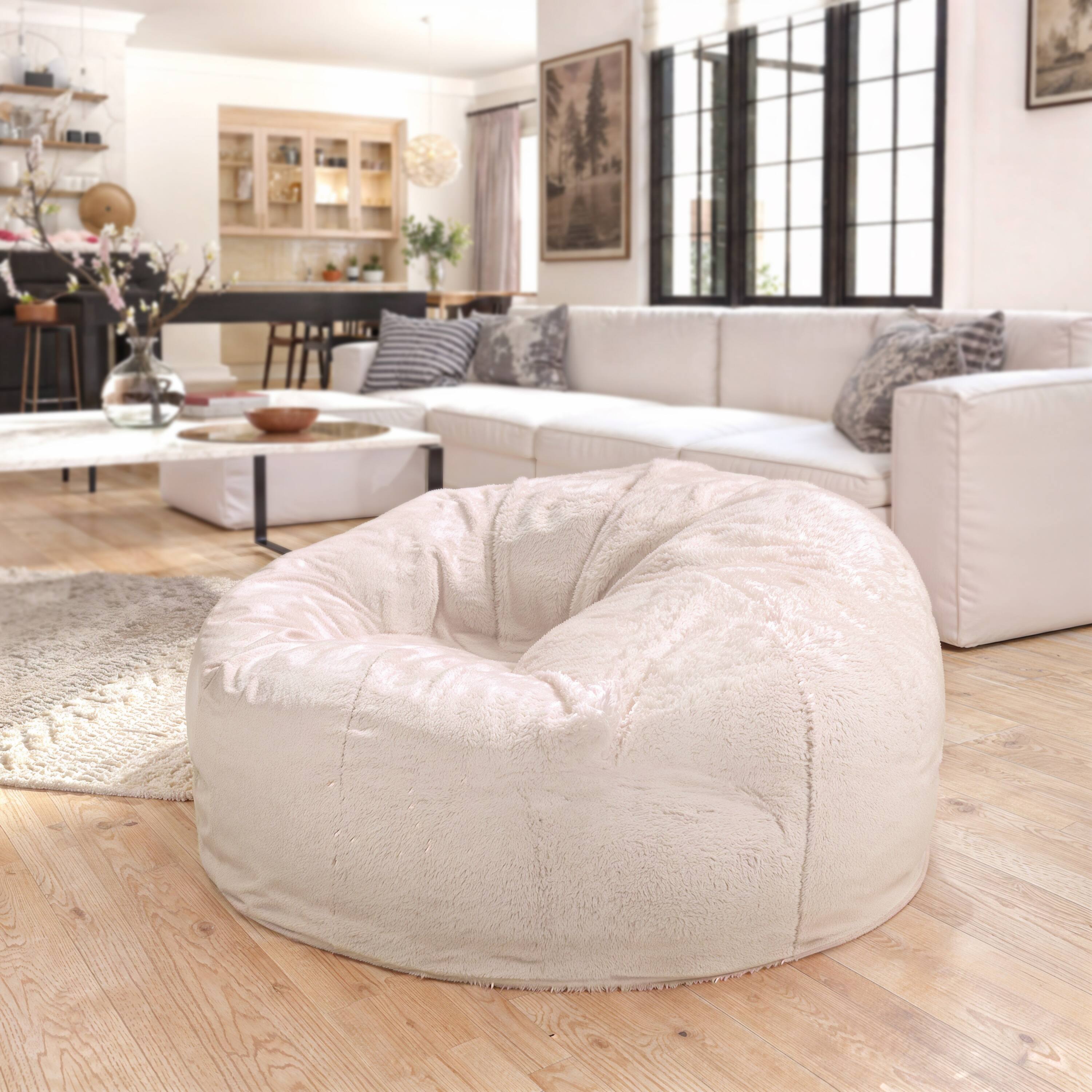 Alt View 1. Emma + Oliver - Oversized Bean Bag Chair for Kids and Adults - White Furry.
