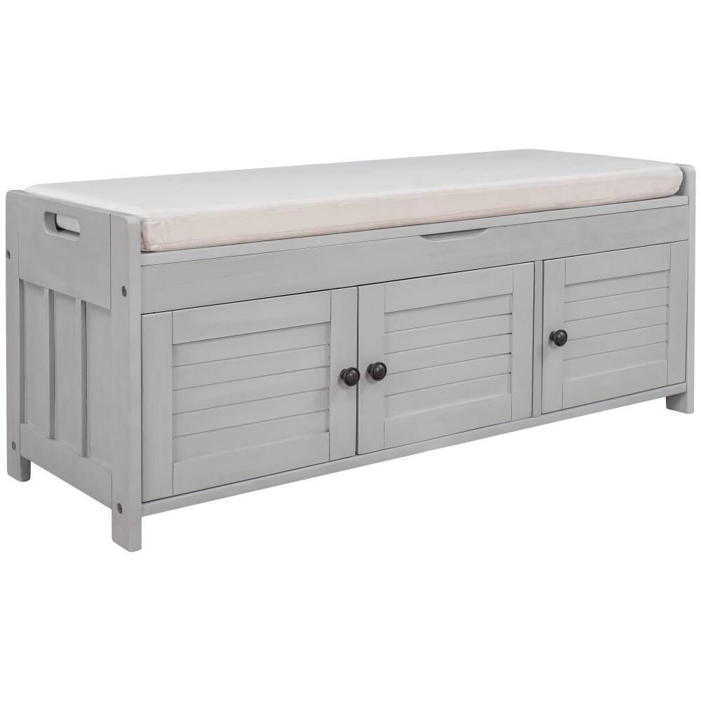 Back. Ropilly - Ropilly Gray Wash Storage Bench with Shutter Doors Removable Cushion and Hidden Storage Entryway Shoe Bench - Gray Wash.