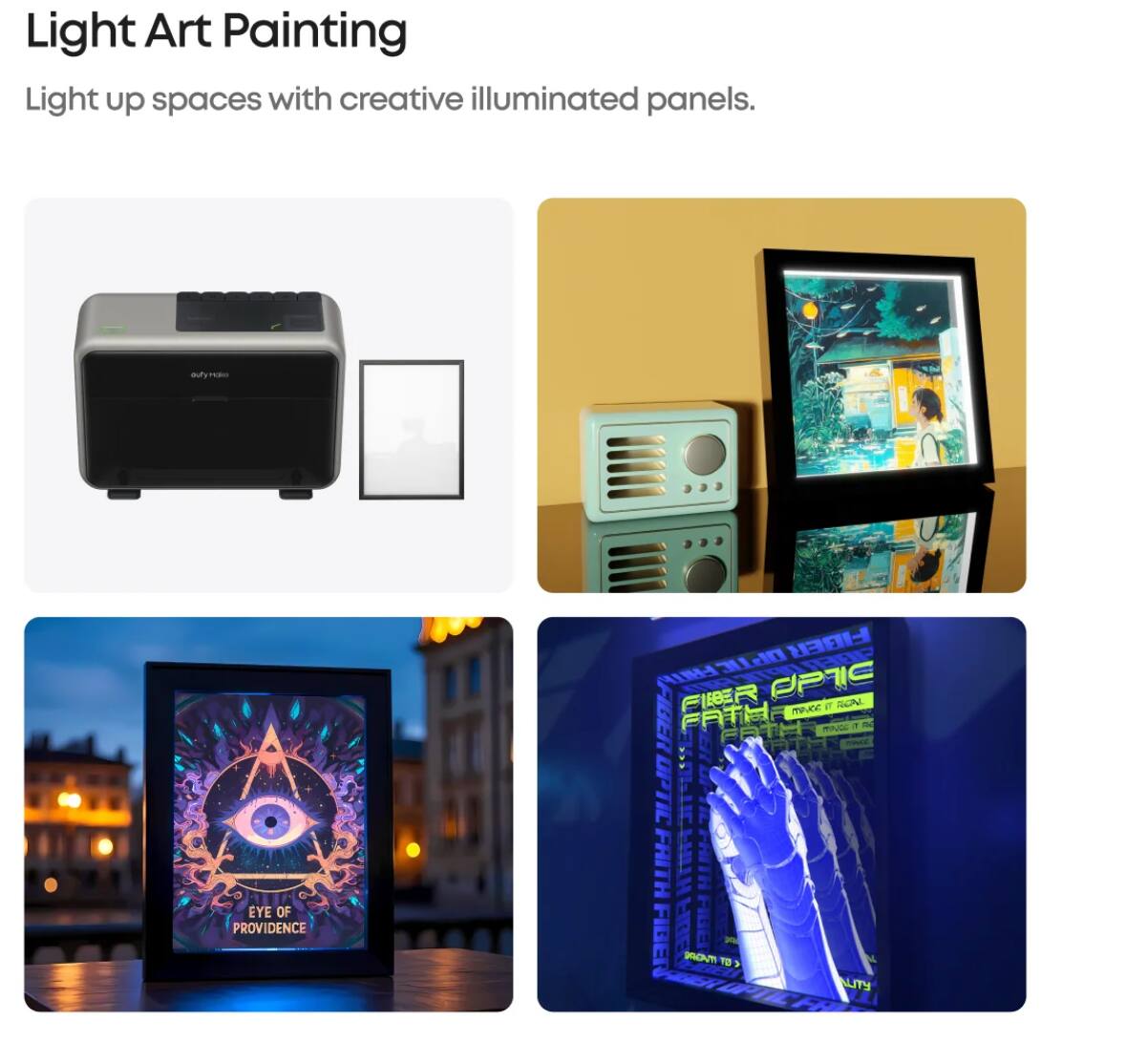 Light Art Painting  
Light up spaces with creative illuminated panels.

mury VISION  
EYE OF PROVIDENCE

FIBER OPTIC  
MAKE IT FIBER  
FATH MINGE  
OPTIC FAITH  
FIBER PROVITI-TO  
TB LITY